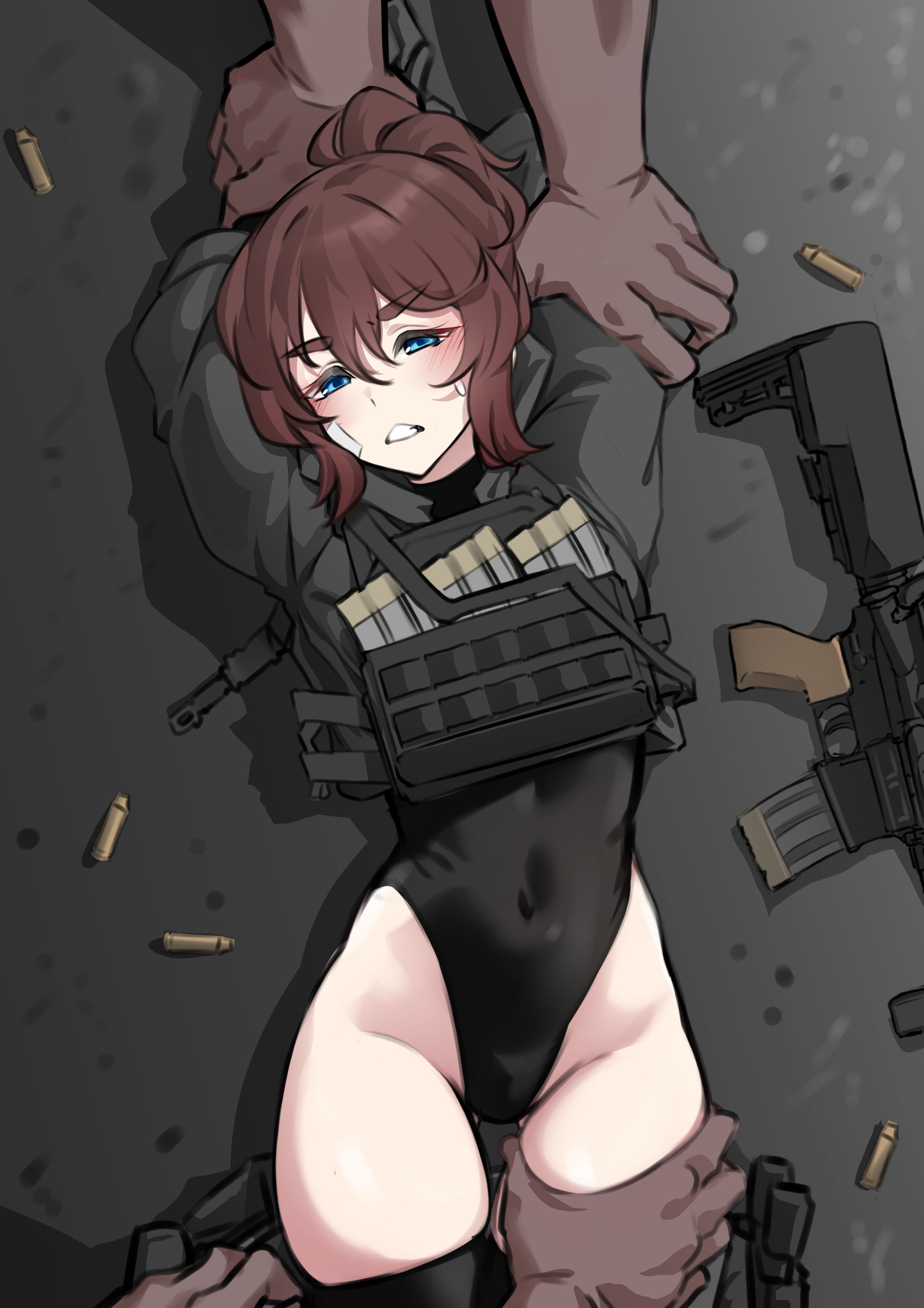 2boys, blue eyes, blush, blush lines, brown hair, bullets, captured, captured heroine, female, fit, fit female, gritted teeth, gun, impending sex, k0ng, loner-chan (k0ng), magazine (weapon), male, petite, sweat, tight clothing