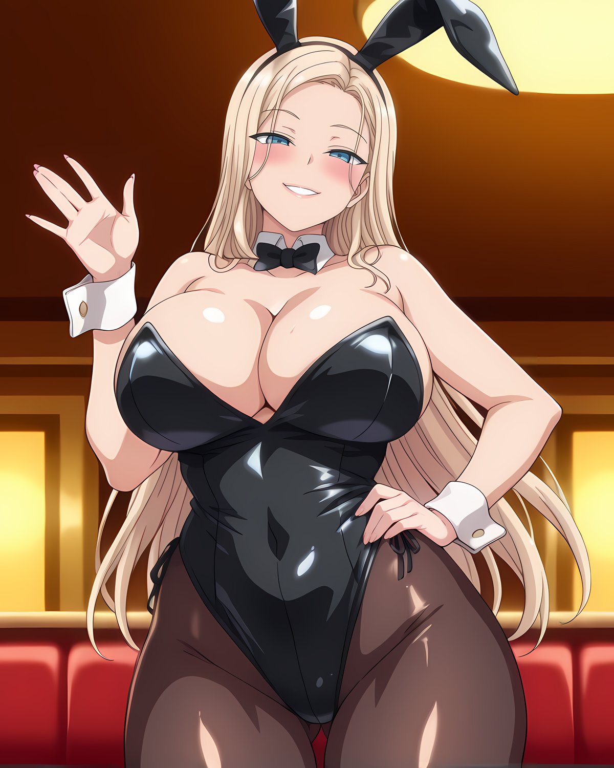 1girls, ai generated, bare thighs, blonde hair, blue eyes, breasts, bunny ears, bunny girl, bunnysuit, eroero waifus, female, gigantic breasts, gyaru, hand on hip, huge breasts, huge thighs, kurashiki reina, leotard, light skin, light-skinned female, long hair, looking down, low-angle view, massive breasts, rabbit ears, saimin seishidou, smiling, solo, solo female, squatting, sweat, sweatdrop, thick body, thick female, thick thighs, thighs, voluptuous, voluptuous female