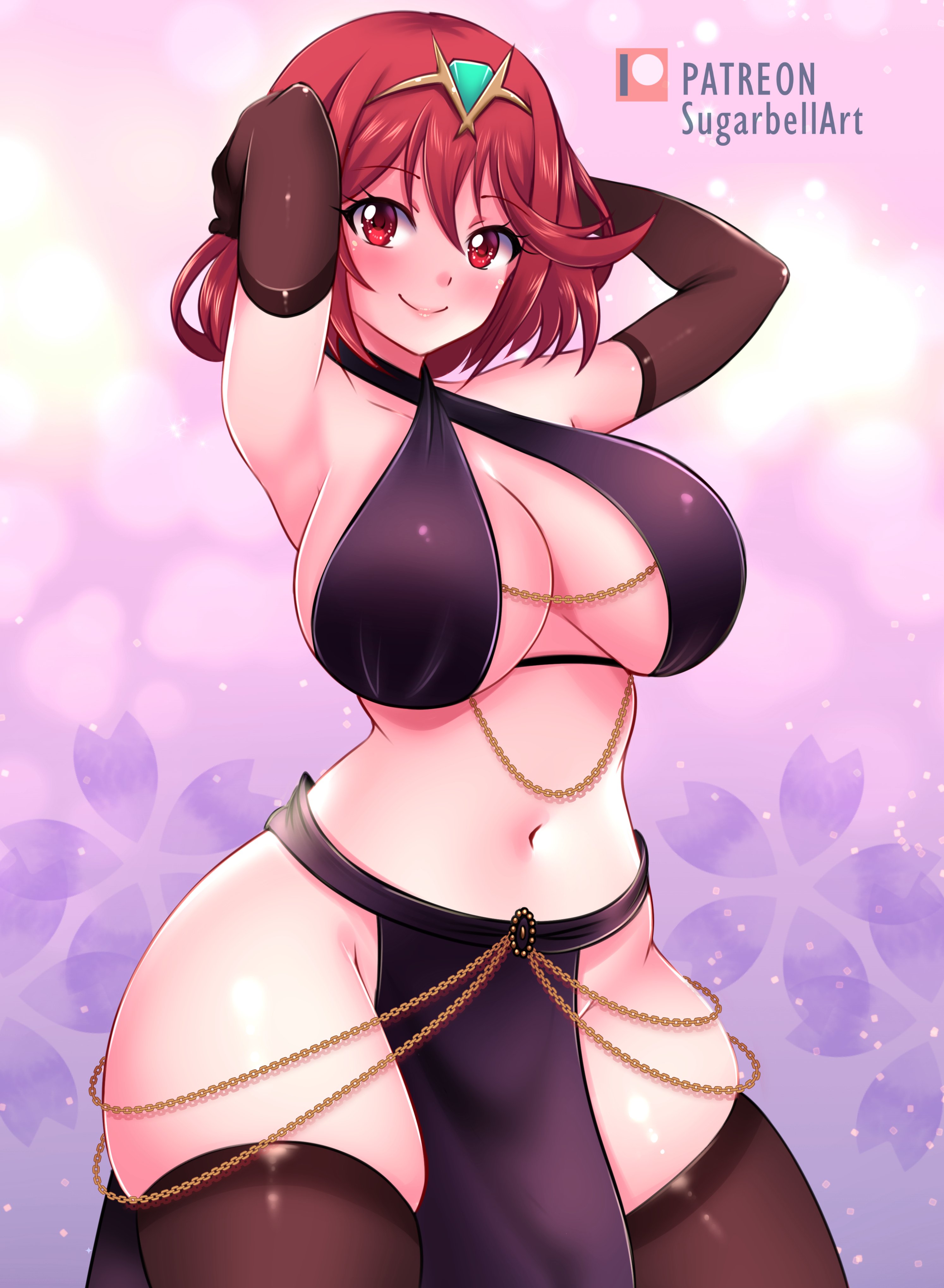 1girls, big breasts, blush, breasts, cleavage, clothed, clothing, female, female focus, female only, looking at viewer, nintendo, pyra, short hair, solo, sugarbell, xenoblade (series), xenoblade chronicles 2