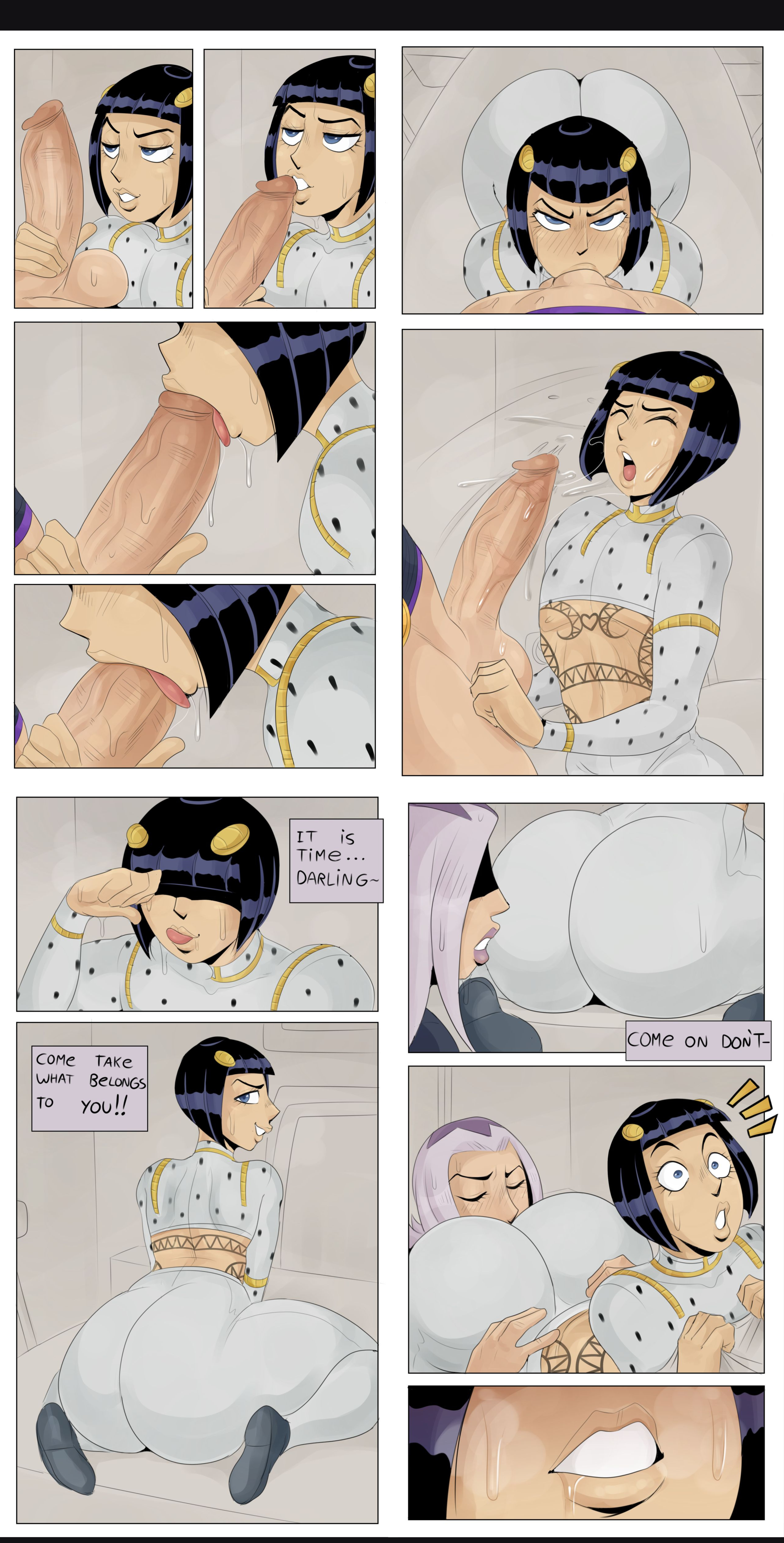 2boys, ass, big ass, big butt, black hair, blue eyes, bodysuit, bruno buccellati, clothed, clothing, comic, detnox, eye contact, eyelashes, femboy, fingers, fingers in mouth, gay, girly, hand on shoulder, jojo's bizarre adventure, leone abbacchio, lipstick, looking at penis, looking back, looking pleasured, male, male only, medium hair, mr barbossa2, naughty face, navel, partially clothed, penis, pleasure face, purple hair, purple lipstick, saliva, simple background, smile, sweat, tagme, thick thighs, tongue, tongue out, torn bodysuit, torn clothes, torn clothing, torn pants, undressing, vento aureo, white body, wide hips, yaoi, yellow eyes