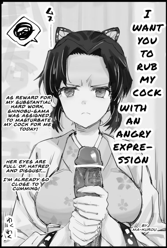 >:( 1boy angry artist_name black_hair breasts censored english_text female fyama greyscale hair_ornament handjob hard-translated japanese_clothes kimetsu_no_yaiba kimono kochou_shinobu long_sleeves looking_at_viewer mixed-language_text monochrome short_hair third-party_edit v-shaped_eyebrows