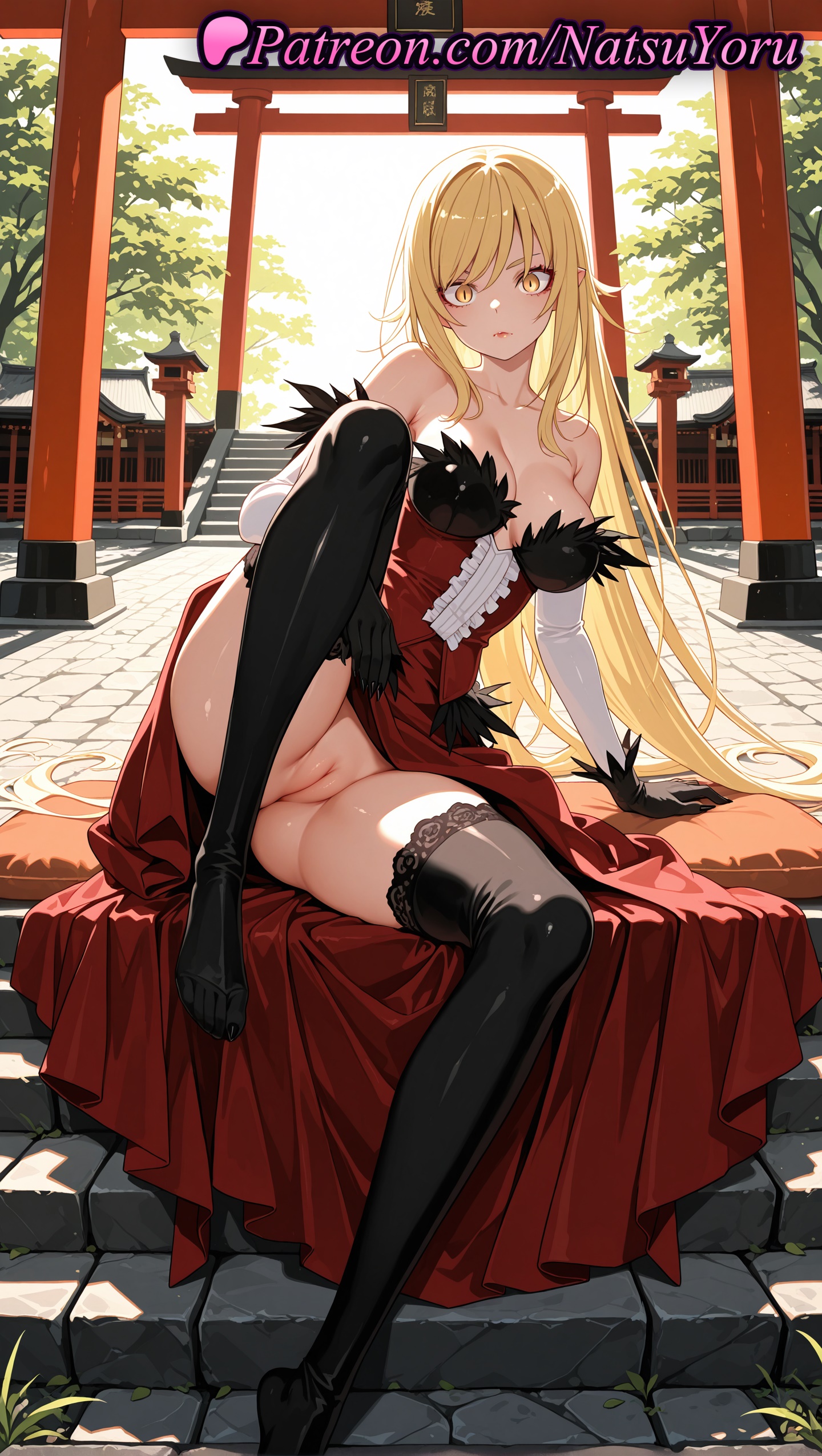 1girls, 2025, ai assisted, ai generated, anime, anime style, arm support, bakemonogatari, bangs, bare shoulders, black gloves, black legwear, black thighhighs, blonde hair, blush, breasts, bust, busty, cleavage, closed mouth, clothes lift, collarbone, dress, dress lift, elbow gloves, feet, female, female focus, female only, full body, fur trim, gloves, hi res, high quality, high resolution, highres, kiss-shot acerola-orion heart-under-blade, knee up, large breasts, legs, long hair, looking at viewer, monogatari (series), natsuyoru, no panties, no shoes, non-asian, nopan, outdoors, paipan, patreon, pointy ears, pussy, red dress, sitting, slit pupils, soles, solo, solo female, stable diffusion, stairs, stockings, stone lantern, strapless, strapless dress, thighhighs, thighs, toes, torii, tree, uncensored, vagina, vampire, very long hair, voluptuous, voluptuous female, white gloves, yellow eyes