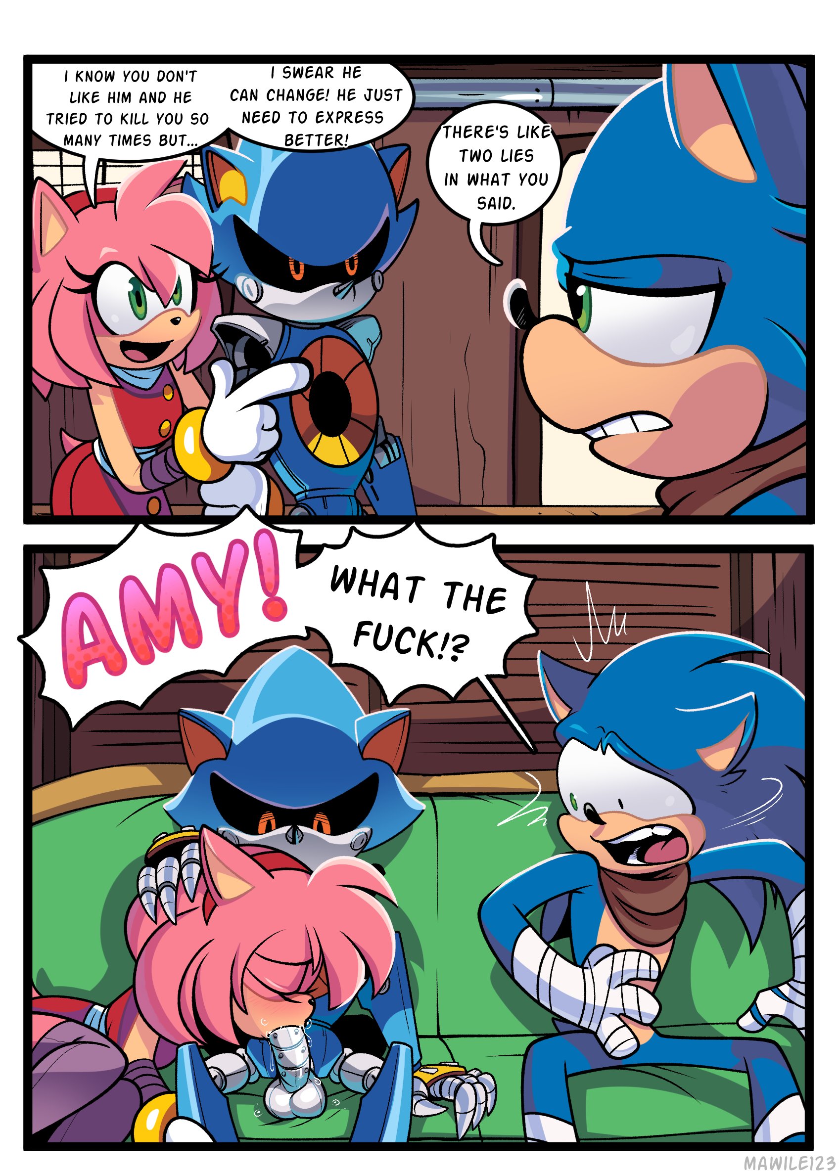 1girls, 2boys, ambiguous gender, amy rose, amy rose (boom), anthro, balls, blowjob, blue fur, blue hair, comic, dialogue, english, fellatio, female, furry, gloves, green eyes, hi res, highres, indoors, interspecies, male, mawile123, metal sonic, netorare, ntr, oral, oral sex, penis, pink fur, pink hair, robot, robot boy, robot humanoid, robotic, robotic penis, scarf, sega, sofa, sonic (boom), sonic (series), sonic boom, sonic the hedgehog, sonic the hedgehog (series), speech, speech bubble, sports tape, testicles, text, thighhighs