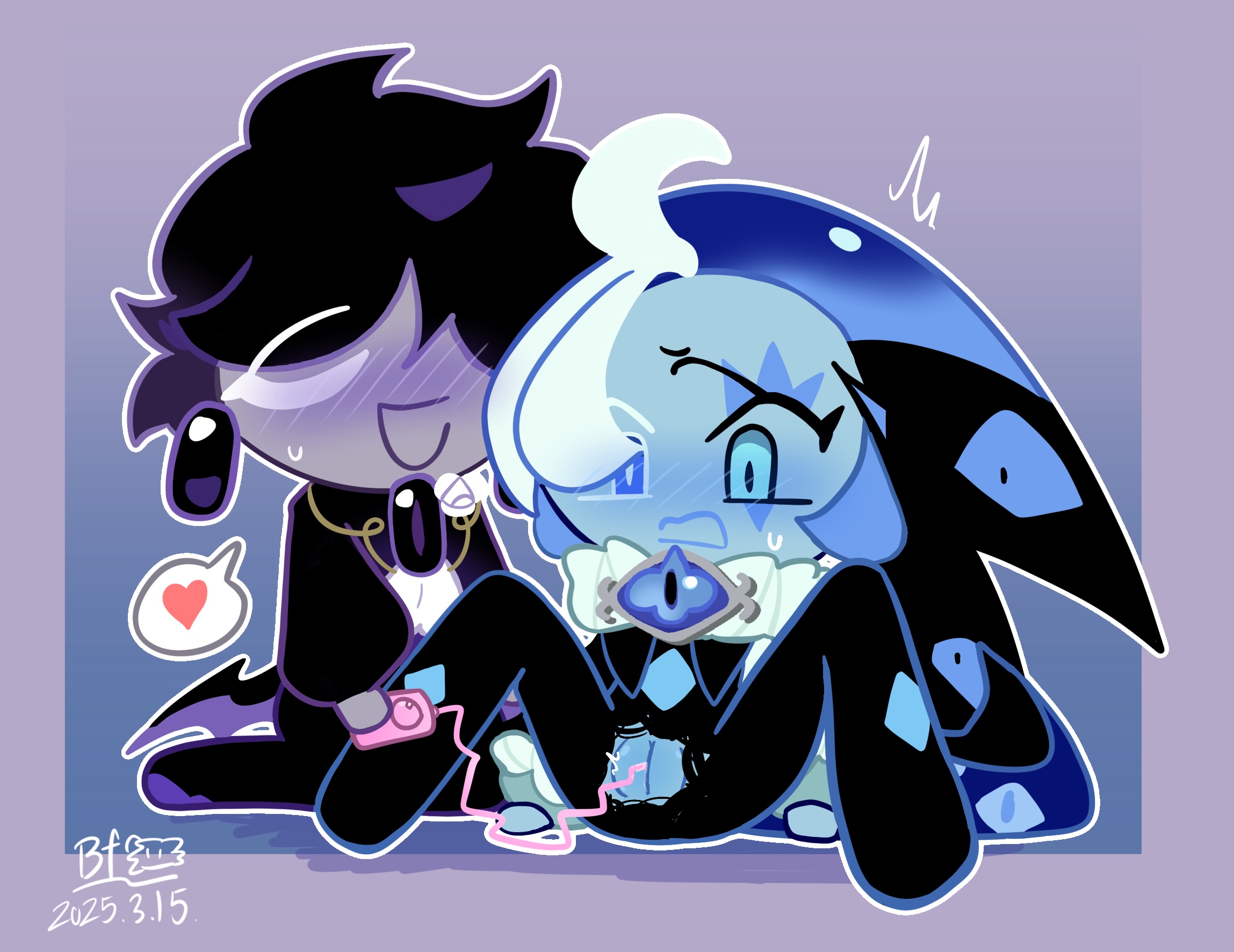 black sapphire cookie, blue fruit, chibi, cookie run, cookie run kingdom, cuntboy, duo, egg vibrator, intersex, official style, pussy, sex toy, shadow milk cookie, spread legs, sweat, torn clothes, vibrator, vibrator in pussy