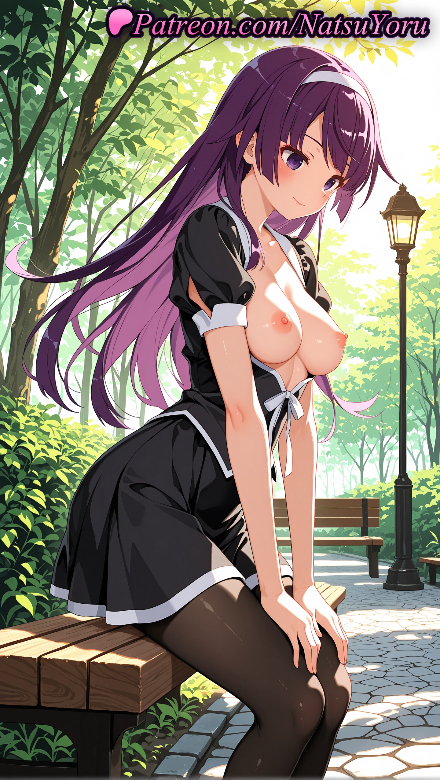 1girls, 2025, ai assisted, ai generated, anime, anime style, bakemonogatari, bangs, bench, black dress, black legwear, black pantyhose, black shirt, black skirt, blunt bangs, blush, breasts, breasts out, bush, bust, busty, closed mouth, clothing cutout, collarbone, day, dress, eyelashes, feet out of frame, female, female focus, female only, fingernails, from side, hairband, hands on own knees, hands on own thighs, hi res, high quality, high resolution, highres, lamppost, large breasts, long hair, looking at viewer, looking down, medium breasts, miniskirt, monogatari (series), natsuyoru, nipples, nipples outside, no bra, on bench, open clothes, outdoors, pantyhose, park, park bench, patreon, pleated skirt, public indecency, puffy short sleeves, puffy sleeves, purple eyes, purple hair, ribbon, school uniform, senjougahara hitagi, shiny, shiny hair, shiny skin, shirt, short sleeves, sidelocks, sitting, sitting on bench, skirt, smile, solo, solo female, stable diffusion, straight hair, tree, uncensored nipples, very long hair, voluptuous, voluptuous female, white bow, white hairband, white ribbon