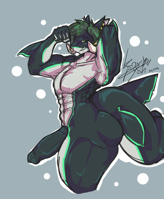 anthro big_penis big_tail black_body dragon fish genitals green_body green_hair hair humanoid hybrid karinfysh looking_at_viewer male marine markings muscular muscular_male mythological_creature mythological_scalie mythology penis pose scalie shark smile smiling_at_viewer smirk smirking_at_viewer solo tail