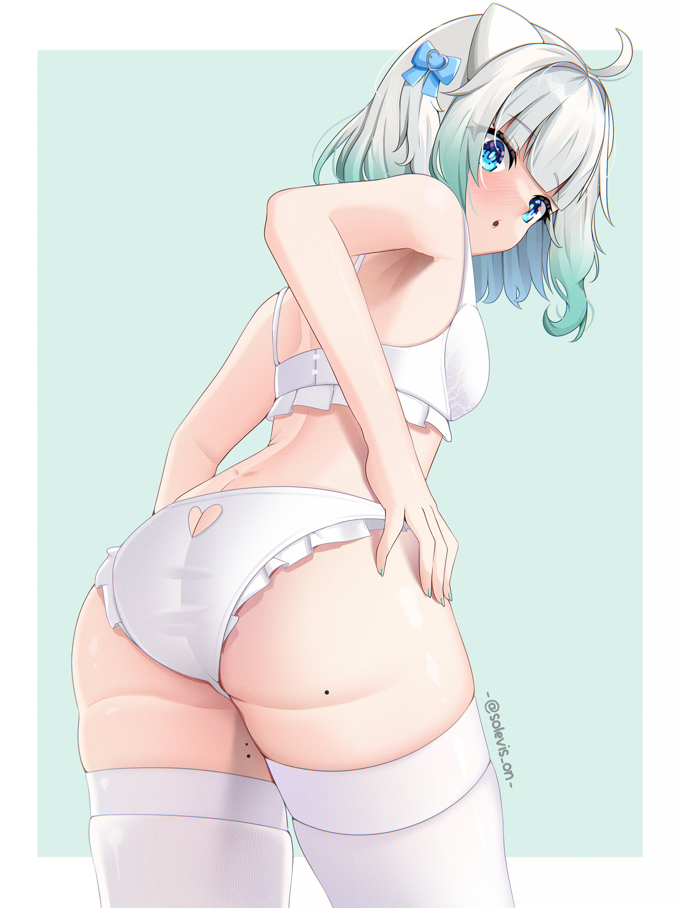 1girls, armpits, ass, blue eyes, blush, bra, densetsu.exe, female, female only, green hair, green nails, hair ribbon, heart, legs, looking at viewer, looking back, maid mint, medium hair, mint fantome, mole, mole on ass, mole on thigh, multicolored hair, nail polish, panties, solevis on, solo, thighhighs, thighs, underwear, virtual youtuber, white bra, white hair, white panties, white thighhighs, white underwear