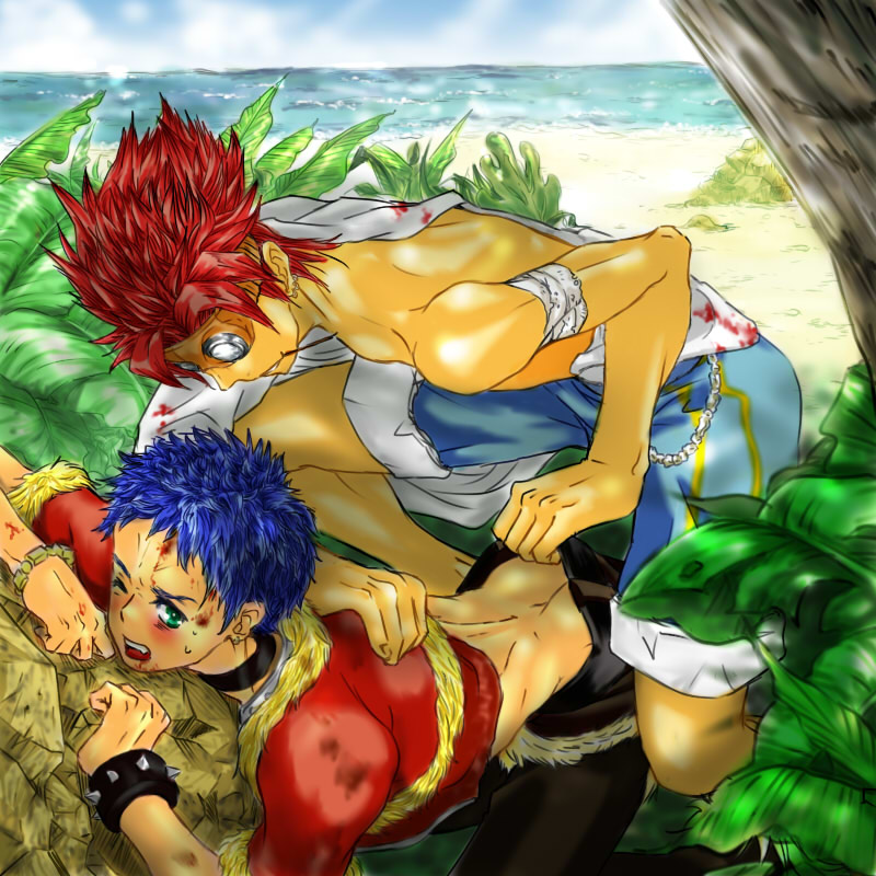 2boys aqua_eyes ass beach bent_over blue_hair choker closed_mouth colored forced gay goggles imminent_rape injury male male_only malesub mobster multiple_boys ocean open_mouth outdoors ragnarok_online red_hair rogue short_hair undressing yaoi