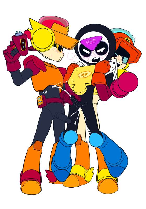 blush, brawl stars, cum, cum inside, gay, larry (brawl stars), lawrie (brawl stars), male, meeple (brawl stars), rape, robot, robot boy, sex, simple coloring, twins, yaoi, yonojimo