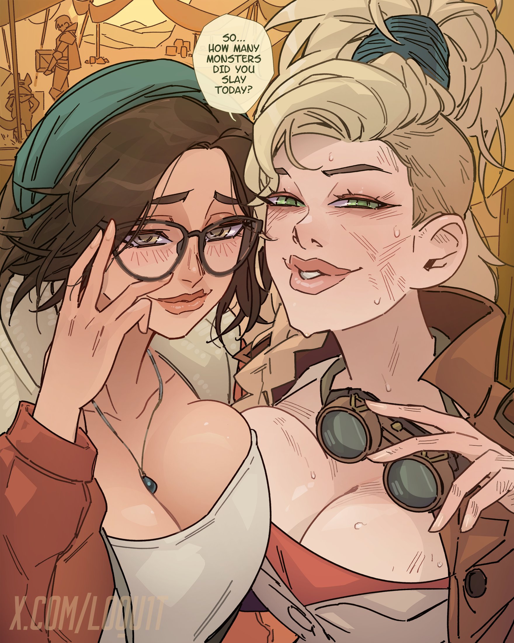 2girls, alma (monster hunter wilds), asymmetrical docking, big breasts, big lips, blonde hair, blush, breasts, breasts pressed against another, brown hair, cleavage, clothed, clothing, color, colored, female, gemma (monster hunter wilds), glasses, goggles, green eyes, light skin, light-skinned female, long hair, looking at viewer, loqu1t, messy hair, monster hunter, monster hunter wilds, speech bubble, tied hair, undercut, yellow eyes