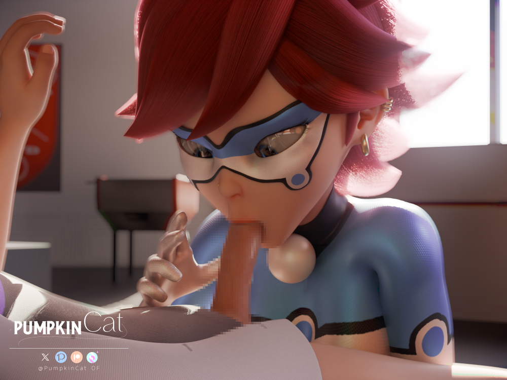 1girls, 3d, adrien agreste, alix kubdel, artist name, blowjob, blowjob face, blowjob gesture, bunnyx (character), censored, domino mask, ear piercing, fellatio, female, female focus, future alix kubdel, male, miraculous ladybug, miraculous: tales of ladybug and cat noir, oral, oral sex, partial male, pumpkincat, red hair, self upload, straight, superheroine