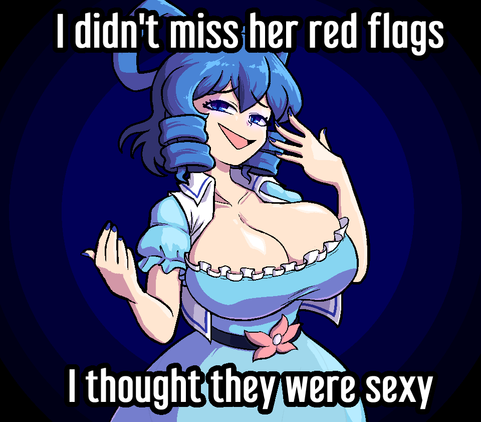 1girls big_breasts blue_dress blue_eyes blue_hair blue_nails breasts cleavage curly_hair dress female female_only fully_clothed light-skinned_female light_skin meme nail_polish quarium seiga_kaku solo solo_female solo_focus tagme text touhou