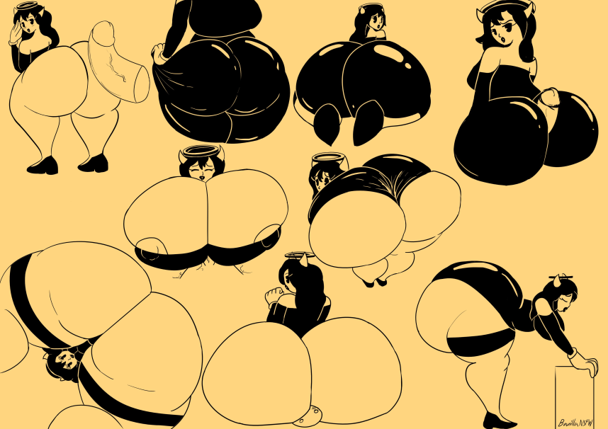 alice_angel anthnsfw bending_over bendy_and_the_ink_machine big_ass big_breasts big_butt black_dress bubble_ass bubble_butt buttjob covered_buttjob disembodied_penis halo horns hyper lipstick pac-man_eyes