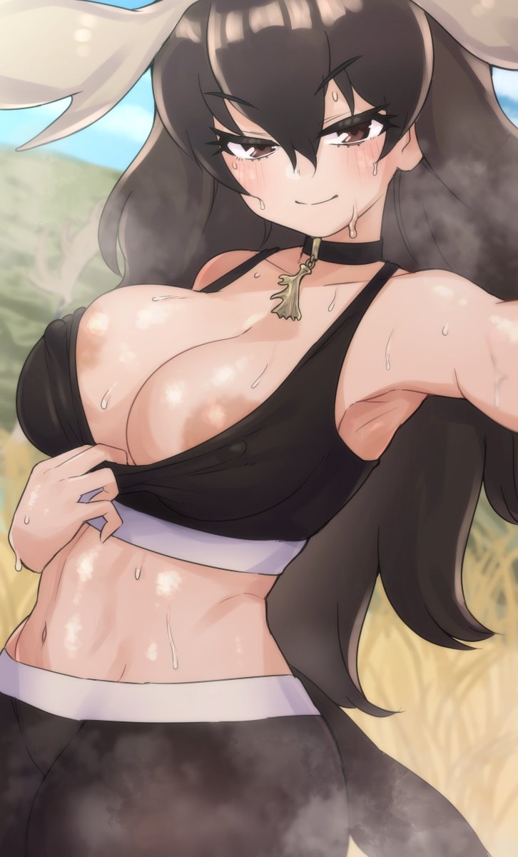 1girls areolae big_breasts black_hair breasts choco_pai choker female female_only hanjuku_choco-pai kemono_friends long_hair looking_at_viewer moose_(kemono_friends) nipples solo sports_bra sweat