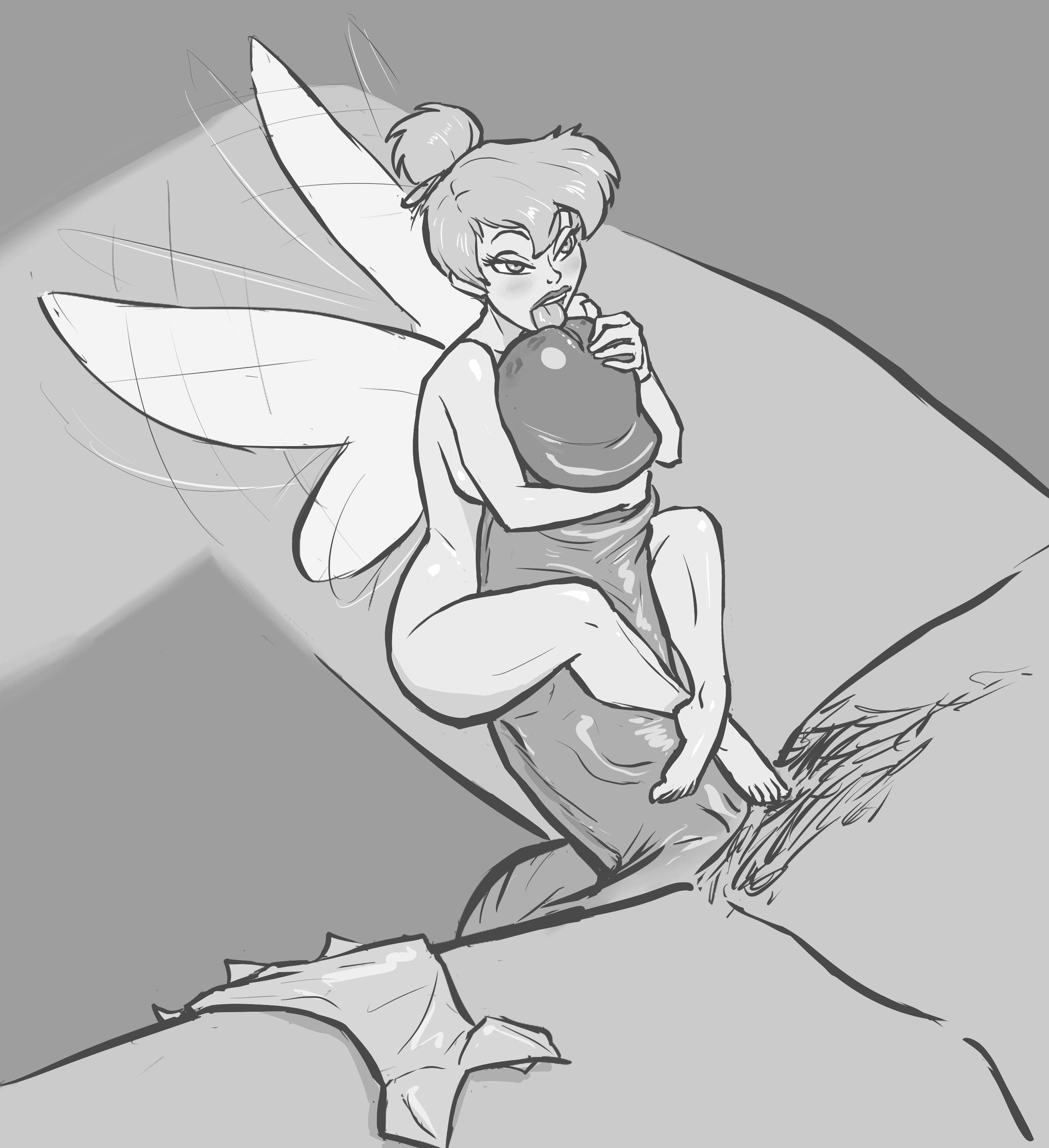 1boy, 1girls, balls, black and white, clothes removed, completely nude, disney, duo, fairy, female, giant male, hair, holding, holding penis, hugging penis, larger male, legs around partner, legs around penis, licking, licking penis, lucidlemonlove, macro, macro male, male, micro, micro female, micro on macro, micro on penis, monochrome, movement lines, nude, nude female, nude male, oral, penis, penis grab, peter pan (disney), size difference, smaller female, straight, tied hair, tinker bell, tongue, wings