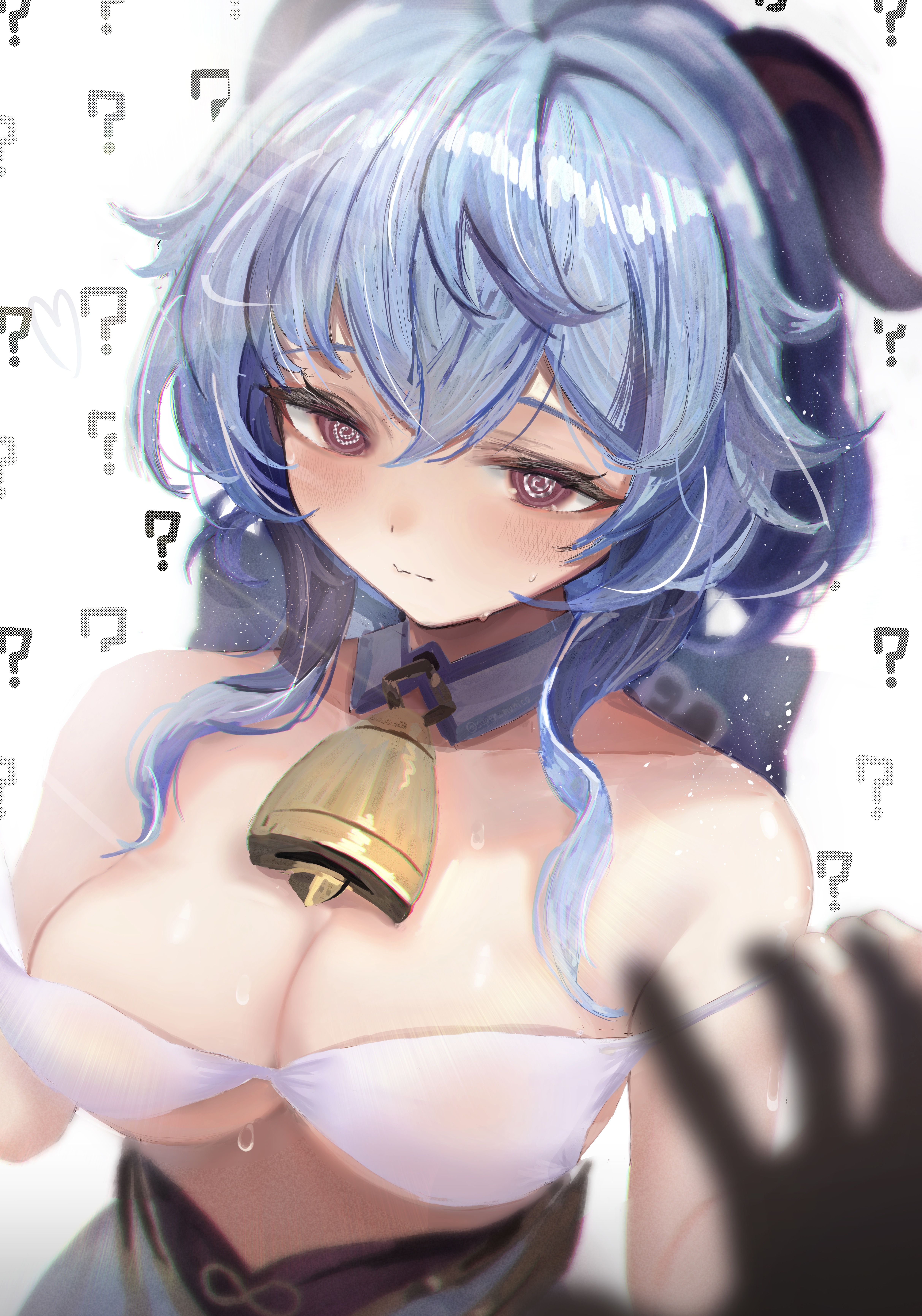 ?, @ @, 1girls, 1other, absurdres, ambiguous gender, bangs, bell, bikini, bikini top only, blue hair, blush, breasts, cleavage, confusion, cowbell, detached collar, dominant pov, female, female focus, femsub, ganyu (genshin impact), genshin impact, goat horns, hair between eyes, highres, horns, imminent breast grab, imminent rape, imminent sex, large breasts, long hair, mind control, molestation, pov, purple eyes, rape, rapist pov, see-through, strap pull, super munico, sweat, swimsuit, underboob, undressing, upper body, white background, white bikini