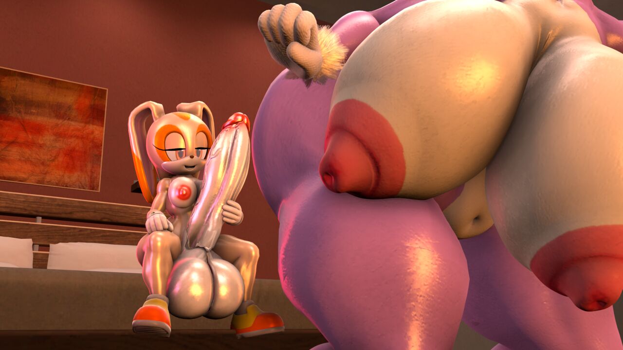 3d, balls, blaze the cat, blueapple, breasts, cream the rabbit, erection, futanari, gigantic balls, gigantic nipples, gigantic testicles, hyper breasts, hyper penis, imminent sex, intersex, naked footwear, naked shoes, on bed, penis, presenting hindquarters, puffy areola, sonic (series), testicles, thick thighs