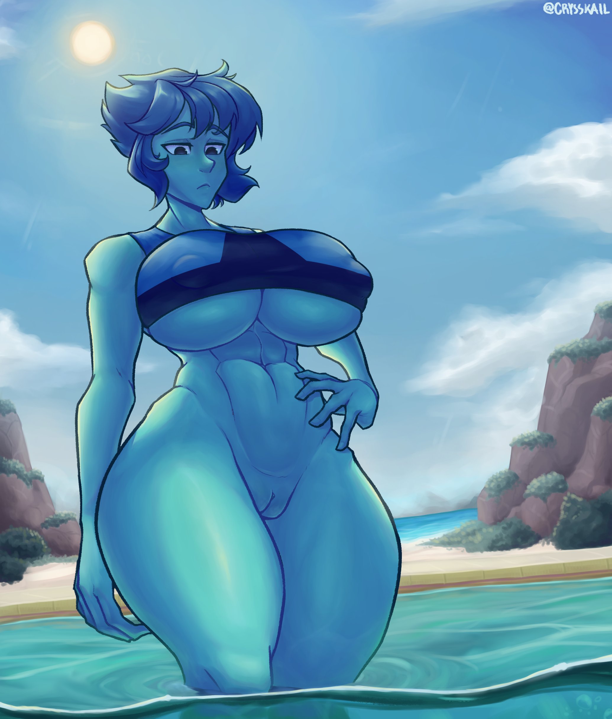 1girls, 2022, athletic, athletic female, big breasts, big hips, blue hair, blue skin, bottomless, breasts, clothed, clothing, crysskail, detailed background, female, female only, humanoid, lapis lazuli (steven universe), mostly nude, nipple bulge, outdoors, outside, partially submerged, pussy, short hair, solo, standing, steven universe, thick thighs, underboob, water, wide hips