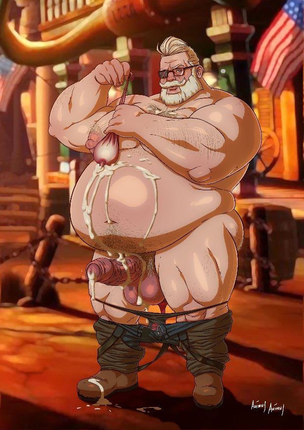 animasanimus, belly, condom, cum, goldlewis dickinson, male, male only, overweight male, solo, solo male