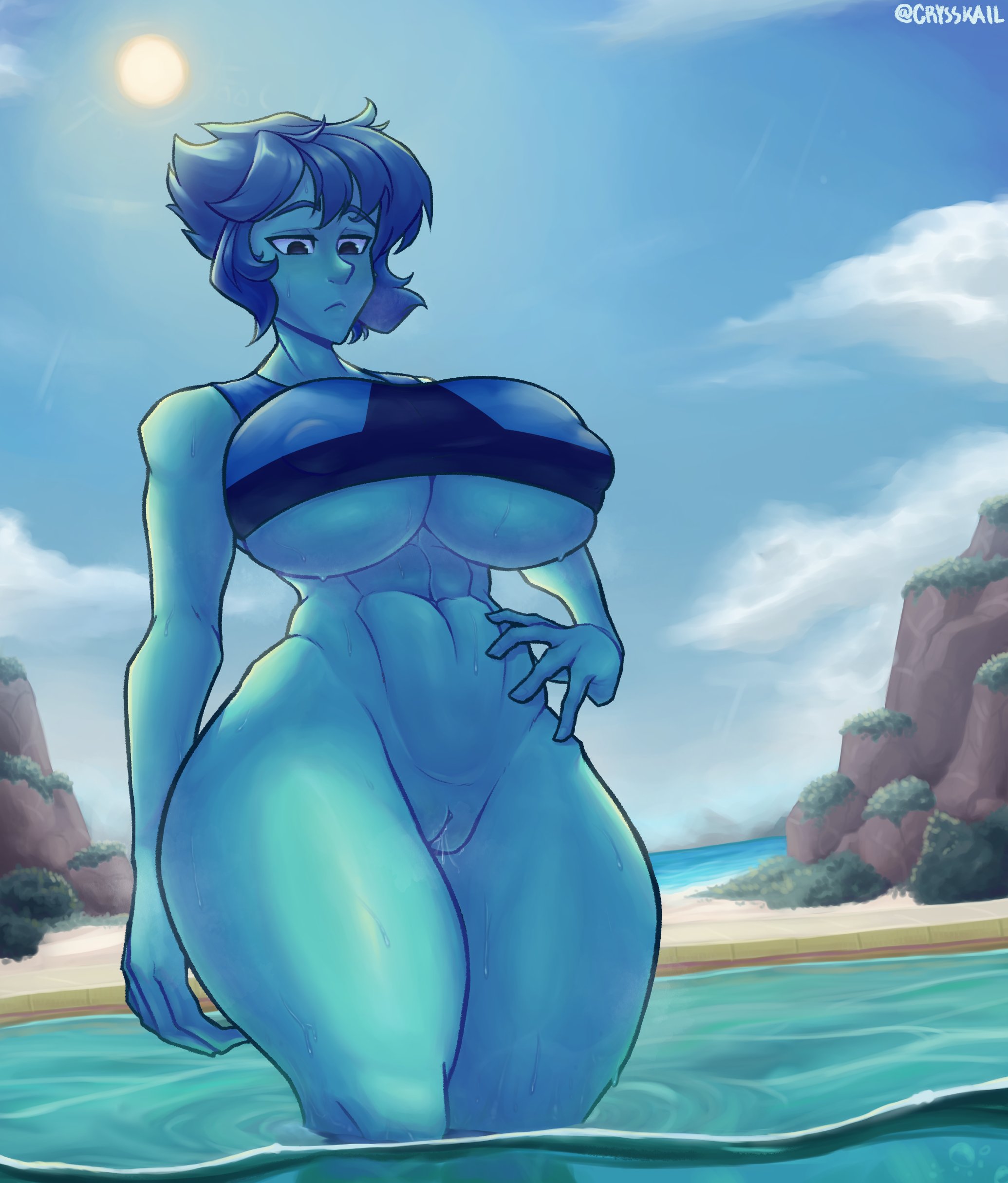 1girls, 2022, athletic, athletic female, big breasts, big hips, blue hair, blue skin, bottomless, breasts, clothed, clothing, crysskail, detailed background, female, female only, humanoid, lapis lazuli (steven universe), mostly nude, nipple bulge, outdoors, outside, partially submerged, pussy, pussy juice, short hair, solo, standing, steven universe, sweat, thick thighs, underboob, water, wet, wide hips