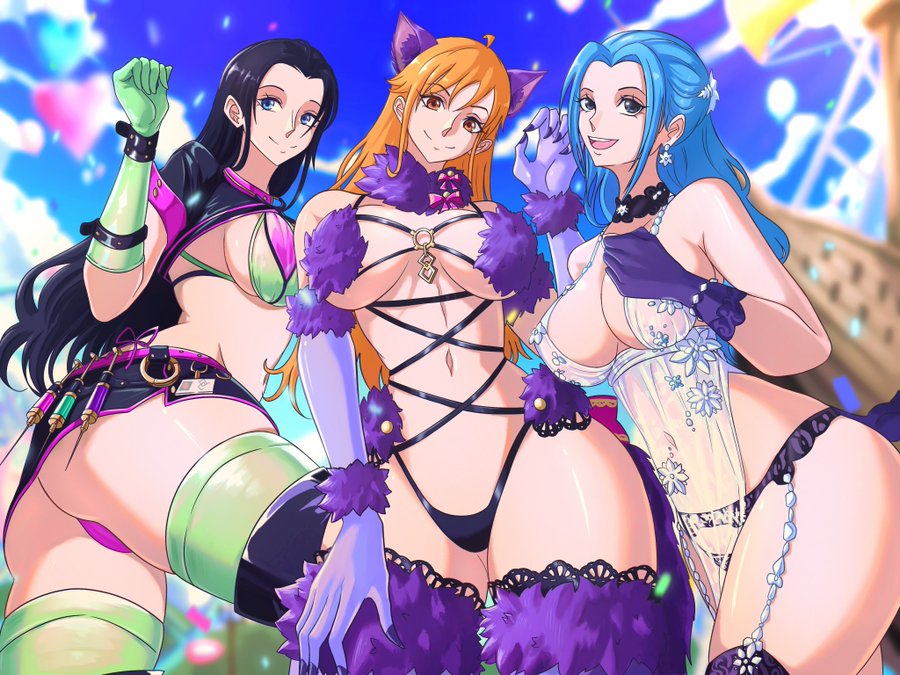 2023, 3girls, 4:3, artoria pendragon (cosplay), artoria pendragon (lancer alter) (royal icing) (fate) (cosplay), ass, belly button, big ass, big breasts, bikini, black hair, black-haired female, blue eyes, blue hair, blue-haired female, breasts, cat ears, cosplay, crossover, elbow gloves, fanart, fate (series), fate/grand order, female, female only, flore, florence nightingale (trick or treatment) (fate) (cosplay), large breasts, light skin, light-skinned female, long hair, looking at viewer, mash kyrielight (dangerous beast) (cosplay), multiple females, multiple girls, nami (one piece), nefertari vivi, nico robin, one piece, opalisart, orange eyes, orange hair, orange-haired female, post-timeskip, smile, smiling at viewer, syringe, thighhighs, tuft, voluptuous, voluptuous female