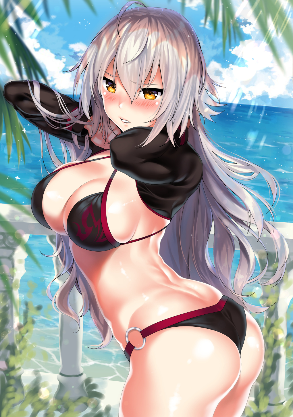 ahoge arms_up ass back balcony bangs bikini black_bikini blush breasts cleavage closed_mouth cloud commentary_request cowboy_shot cropped_jacket day fate_(series) female from_side hair_between_eyes highres jeanne_alter jeanne_d'arc_(alter_swimsuit_berserker)_(fate) jeanne_d'arc_(fate) jeanne_d'arc_alter_(fate) jeanne_d'arc_alter_(swimsuit_berserker)_(fate) kawai_(purplrpouni) large_breasts leaf long_hair long_sleeves looking_at_viewer o-ring o-ring_bikini o-ring_bottom ocean outdoors parted_lips silver_hair skindentation sky solo standing swimsuit very_long_hair water yellow_eyes