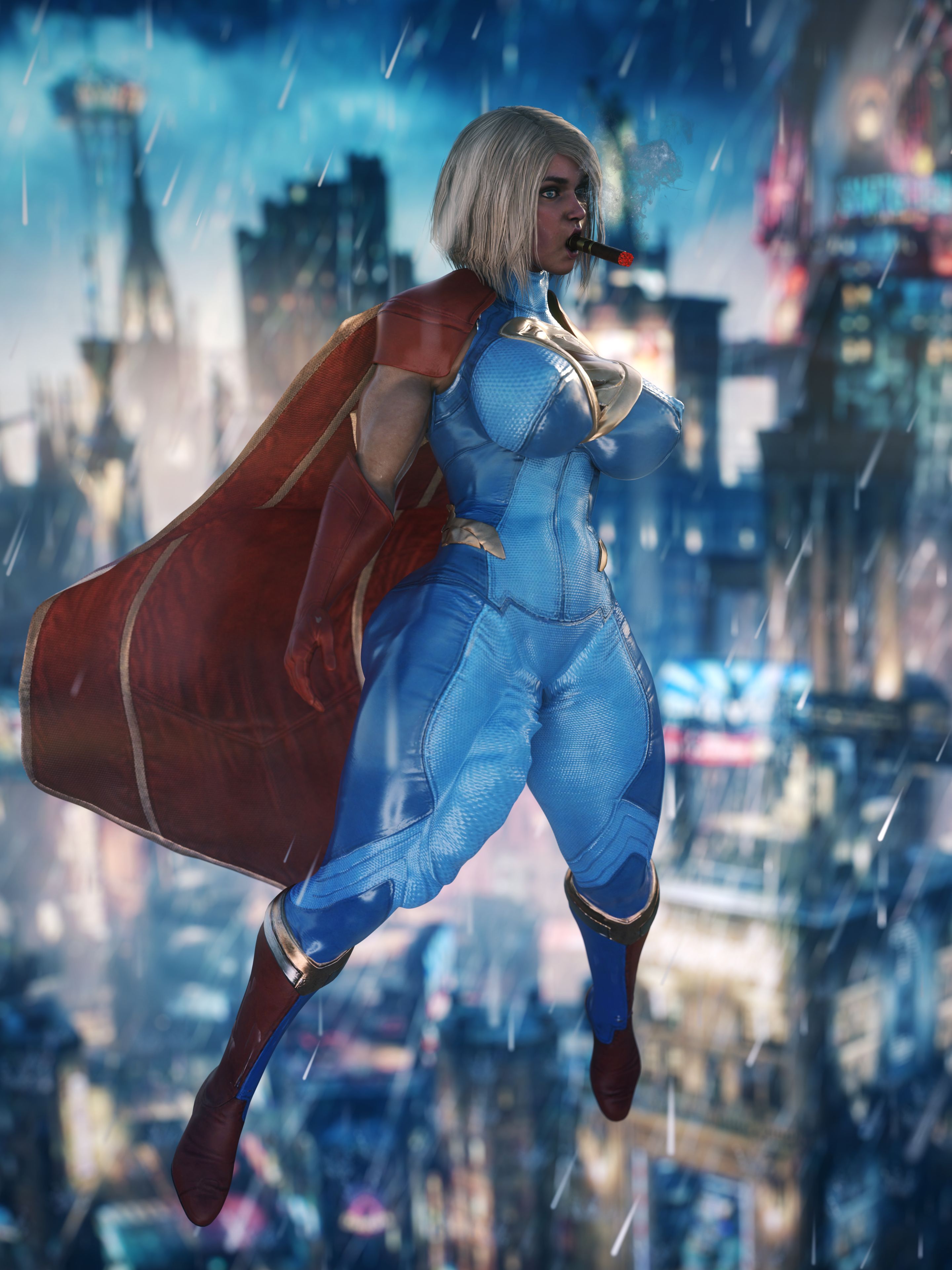 1futa, 3d, 3d (artwork), big breasts, big penis, bodysuit, bodysuit bulge, breasts, busty, cigar, dc, dc comics, dickgirl, floating, futa only, futanari, huge cock, huge penis, injustice 2, intersex, kara danvers, kara zor-el, kryptonian, large penis, penis, penis under clothes, salamandraninja, sfm, short hair, smoking, supergirl, supergirl (injustice), superman (series), thick penis