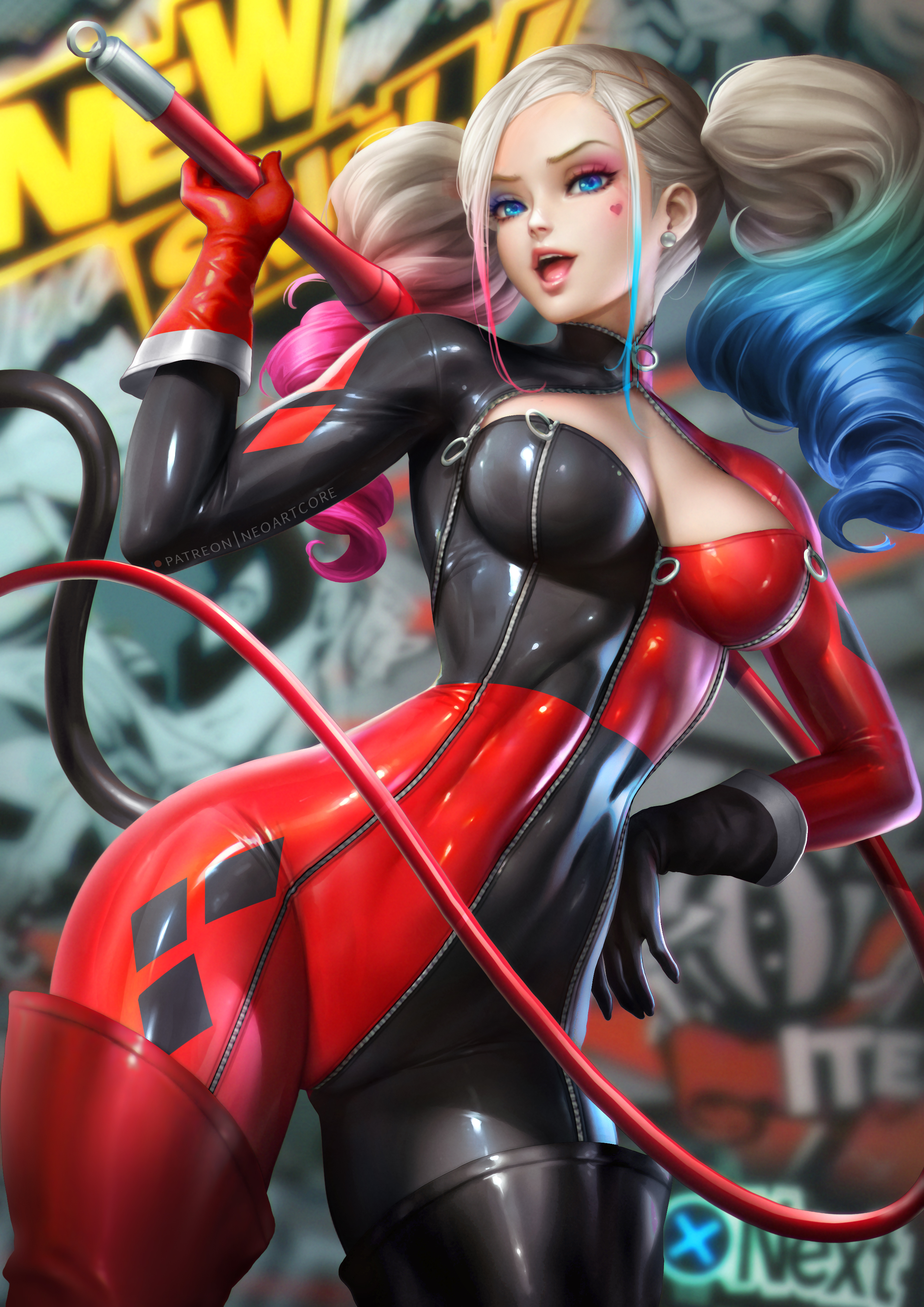 1girls, ann takamaki, atlus, batman (series), blonde hair, blue eyes, breasts, cameltoe, clothing, cosplay, dc, dc comics, dyed hair, edit, female, female only, fully clothed, gloves, harley quinn, harley quinn (classic) (cosplay), human, large breasts, looking at viewer, mask, neoartcore, nudtawut thongmai, pale skin, persona, persona 5, phantom thief suit, pussy, skin tight, slim waist, solo, thick thighs, thigh boots, thighhighs, whip, wide hips, zipper