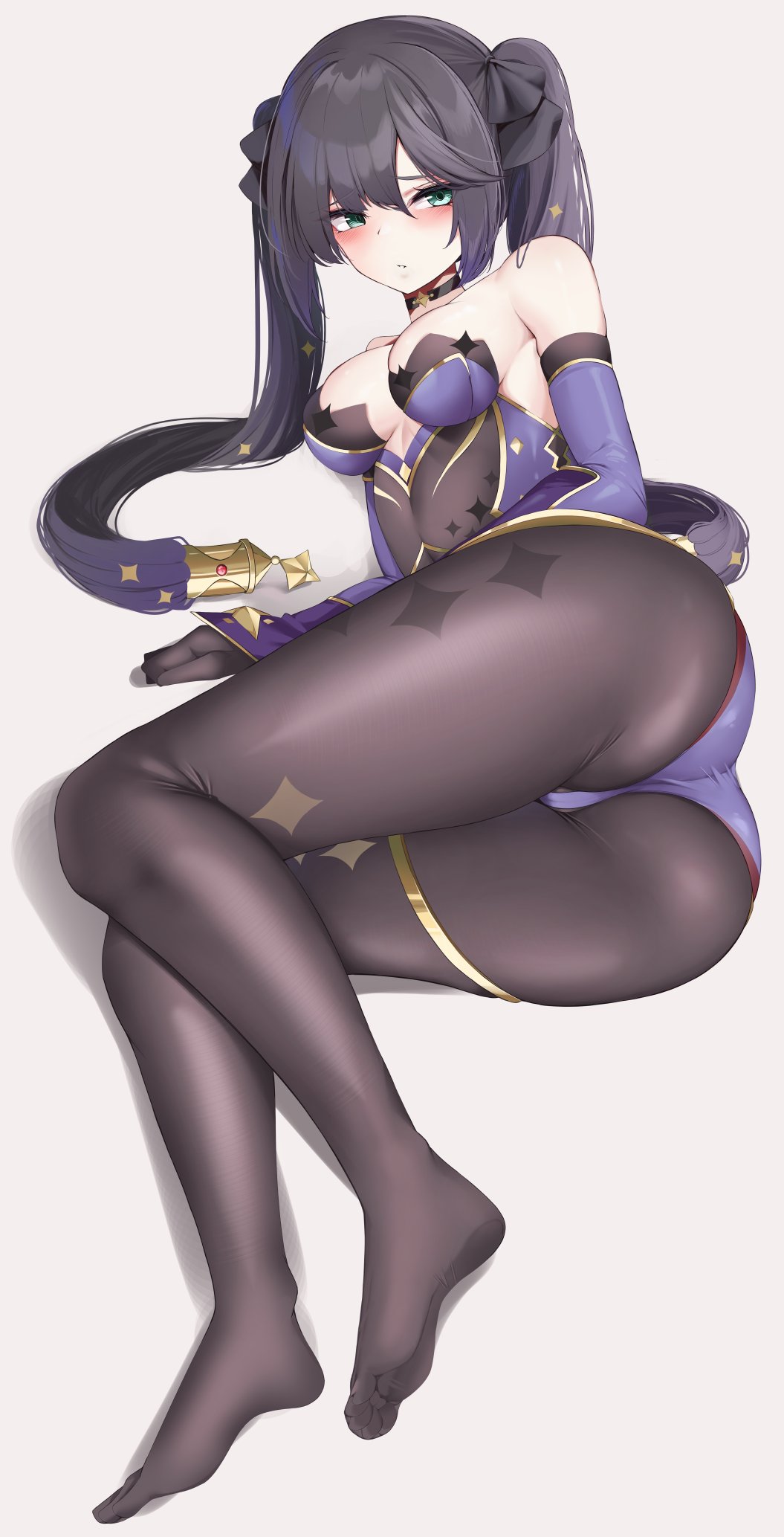 1girls ass bannou_ippoutsukou big_ass blush bottomwear breasts clothing dat_ass feet female female_only full_body genshin_impact green_eyes hair leggings legs leotard medium_breasts mona_(genshin_impact) on_side purple_hair solo solo_female thick_thighs thighs topwear twintails