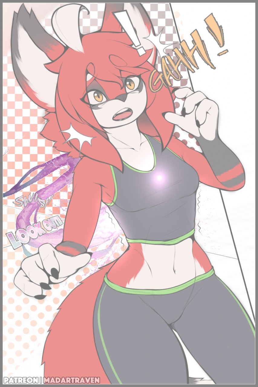 ahoge, breasts, female, fox girl, furry, hi res, madartraven, midriff, navel, orange eyes, possession, red fur, red hair, text, thick thighs, volt (madartraven), wide hips