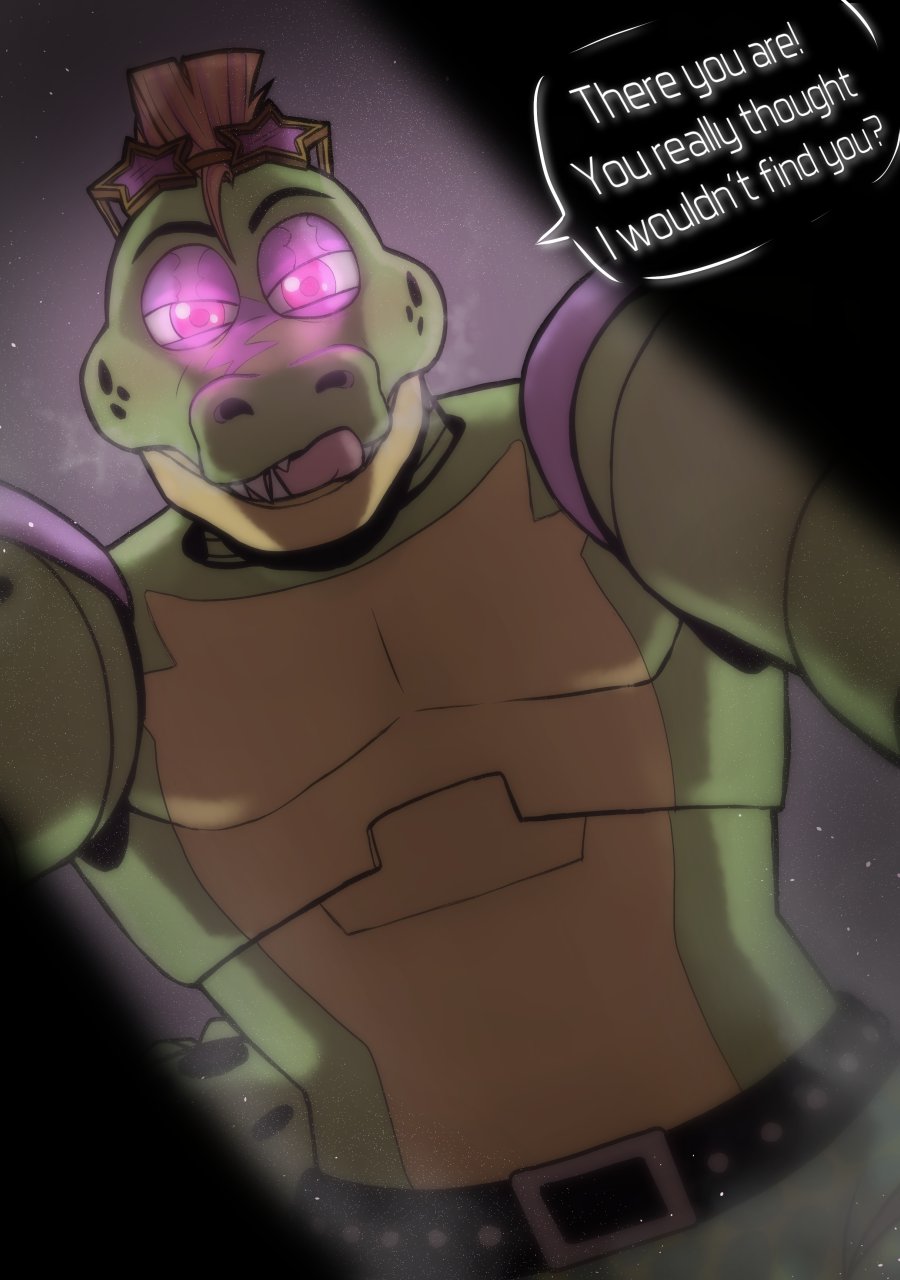 1boy, alligator, animatronic, belt, five nights at freddy's, five nights at freddy's: security breach, fnaf, green body, licking lips, magenta eyes, male, male only, montgomery gator (fnaf), pinned down, pov, shades, sharp teeth, solo, solo male, speech bubble, text bubble, yellow body