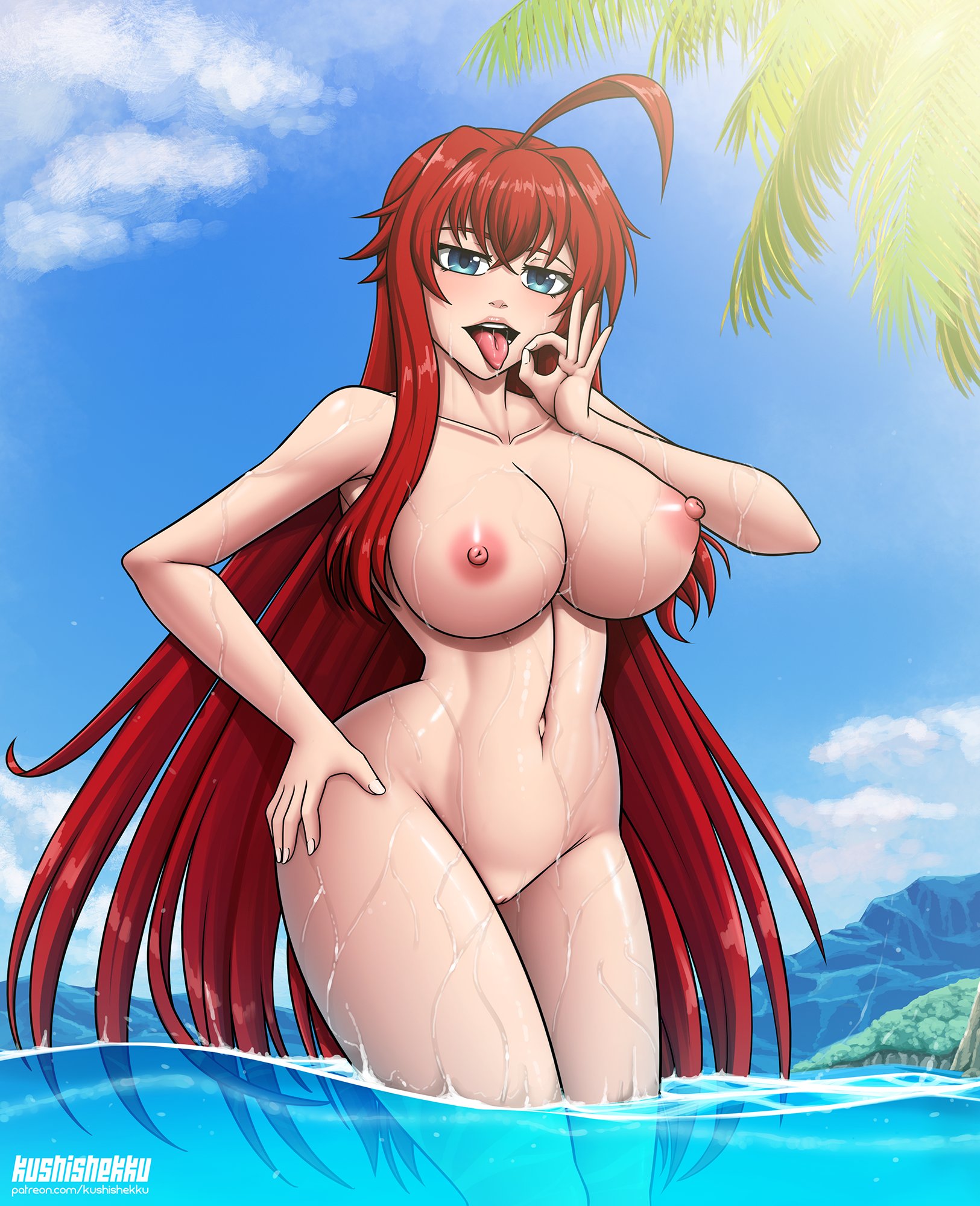 ahoge, big breasts, blowjob gesture, blue eyes, breasts, child bearing hips, erect nipples, female, female only, hi res, high school dxd, hourglass figure, kushishekku, large breasts, long hair, naughty face, nipples, nude, nude female, pussy, red hair, rias gremory, shaved pussy, skinny dipping, thick thighs, voluptuous, water, wet, wide hips