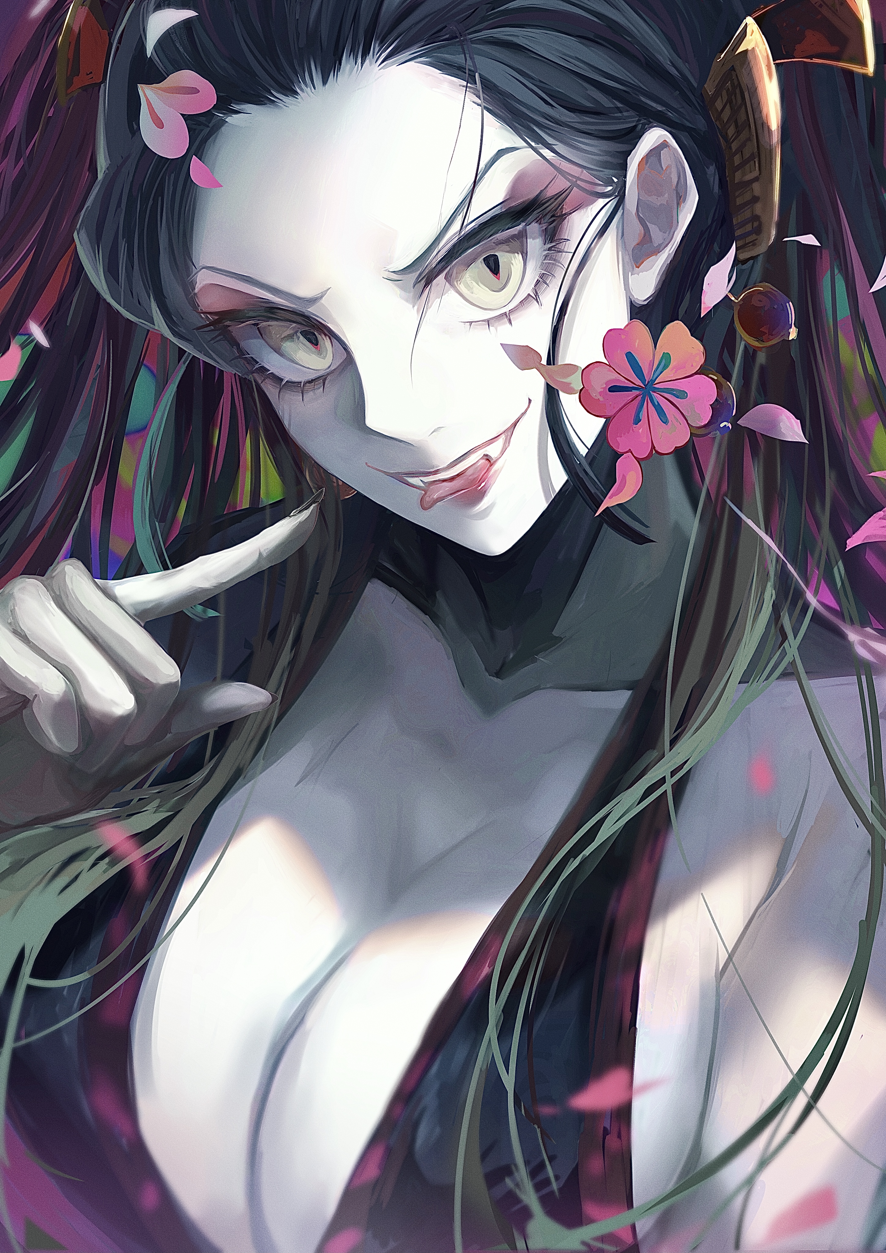 big breasts, black hair, breasts, cleavage, daki (kimetsu no yaiba), demon, demon girl, demon slayer, eyeshadow, fangs, female, female only, finger to mouth, green eyes, hair ornament, hi res, honmou, honmou (pixiv64700875), kimetsu no yaiba, light skin, light-skinned female, long hair, looking at viewer, neltumo, no sex, painting (artwork), pale skin, pale-skinned female, petals, slit pupils, smile, solo, tongue, tongue out, upper body, white skin, white-skinned female