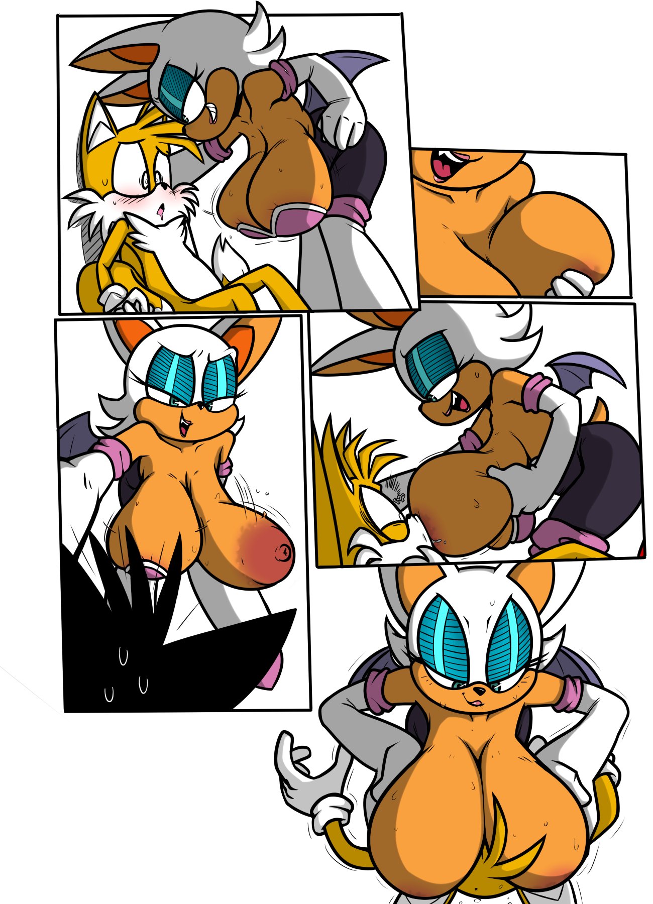anthro, areolar amelanism, bat, breastfeeding, breasts, female, fox, jupiterorange, long breasts, male, older female, one breast out, rouge the bat, sagging breasts, sonic (series), tails, tails the fox, terrible the drawfag, white background, younger male