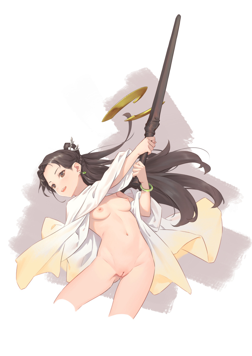 ass_visible_through_thighs bigrbear black_hair bracelet breasts brown_eyes cropped_legs earrings female highres jewelry long_hair looking_at_viewer medium_breasts navel nipples open_mouth original pussy solo sword uncensored weapon wooden_sword