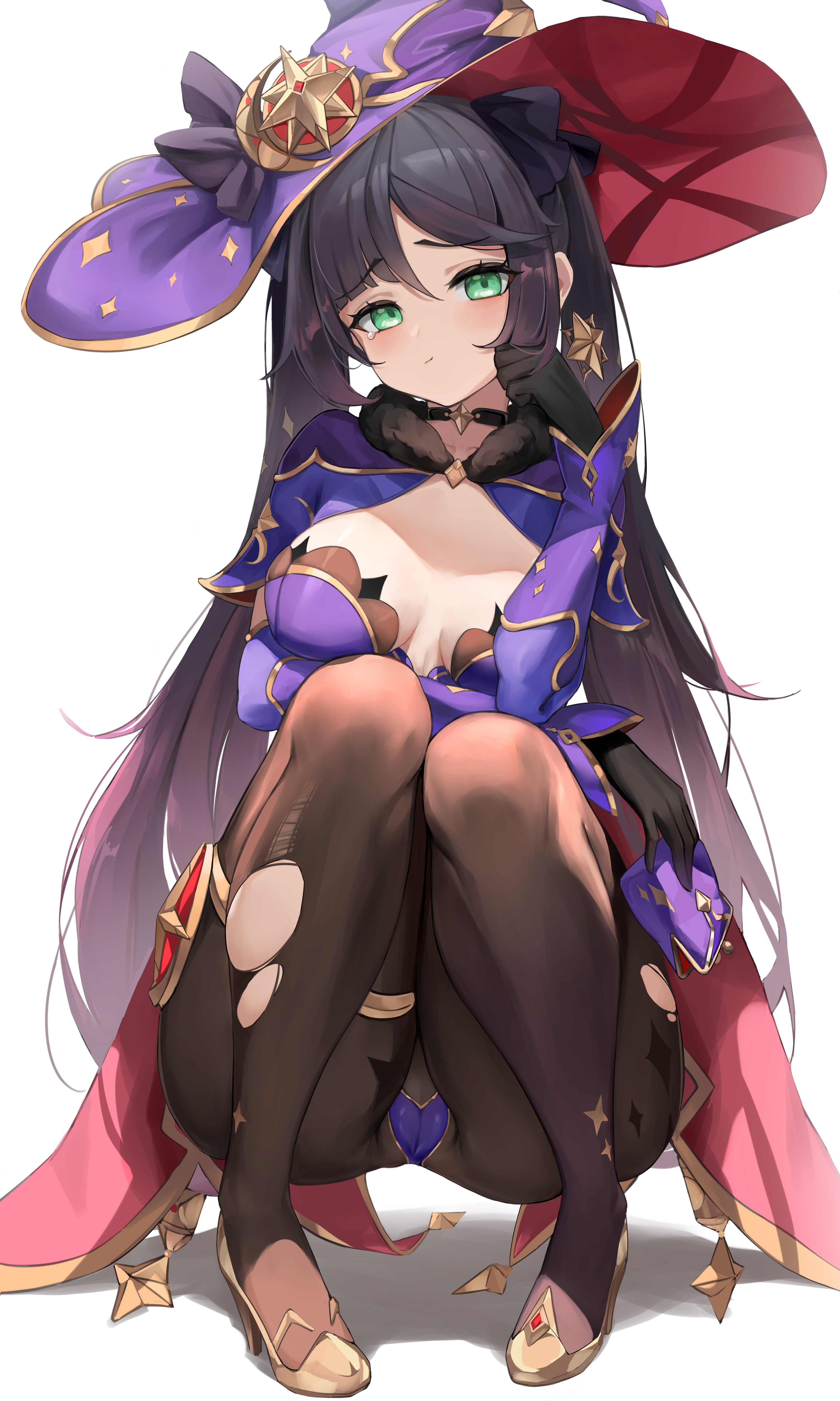 1girls, berserker r, black hair, blush, breasts, calves, cameltoe, choker, cleavage, earrings, embarrassed, emerald eyes, female, female only, genshin impact, green eyes, hair ribbon, hat, high heels, highres, knees together feet apart, legs, legwear, light skin, light-skinned female, long hair, looking at viewer, medium breasts, mona (genshin impact), pantyhose, pout, pouting, pussy, pussy visible through clothes, sitting, solo, squatting, tears, thick calves, thick thighs, thighs, torn legwear, torn pantyhose, twintails, white background, witch hat