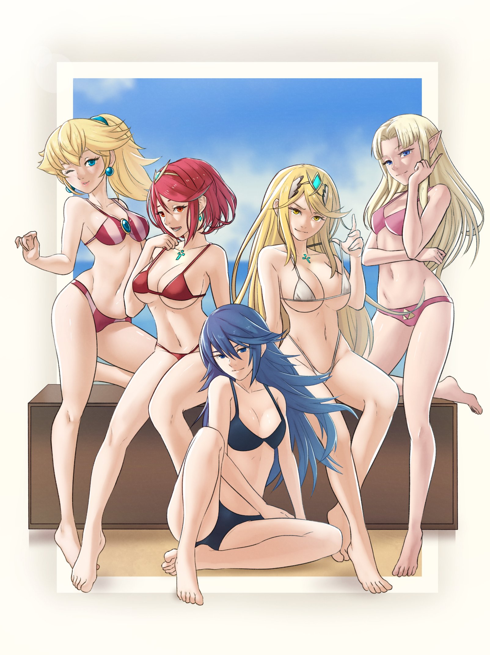 5girls, adjusting clothes, alternate costume, alternate hairstyle, bangs, bare legs, bare midriff, bare shoulders, barefoot, bikini, blonde hair, blue bikini, blue eyes, blue hair, blue swimsuit, breasts, chest jewel, cleavage, closed mouth, collarbone, crossover, earrings, female, female only, fire emblem, fire emblem awakening, full body, hair between eyes, hair ornament, hand to face, highres, large breasts, legs, long hair, looking at viewer, lucina (fire emblem), mario (series), medium breasts, midriff, multiple females, multiple girls, mythra, navel, nintendo, open mouth, pink bikini, pink swimsuit, pointy ears, pomelomelon, ponytail, princess peach, princess zelda, pyra, red bikini, red eyes, red hair, red swimsuit, seductive, seductive smile, short hair, sideboob, sitting, small breasts, smile, smirk, smug, super smash bros., swept bangs, swimsuit, symbol-shaped pupils, the legend of zelda, thighs, two-tone bikini, underboob, very long hair, white bikini, white swimsuit, xenoblade (series), xenoblade chronicles 2, yellow eyes, yellow hair, zelda (a link between worlds)