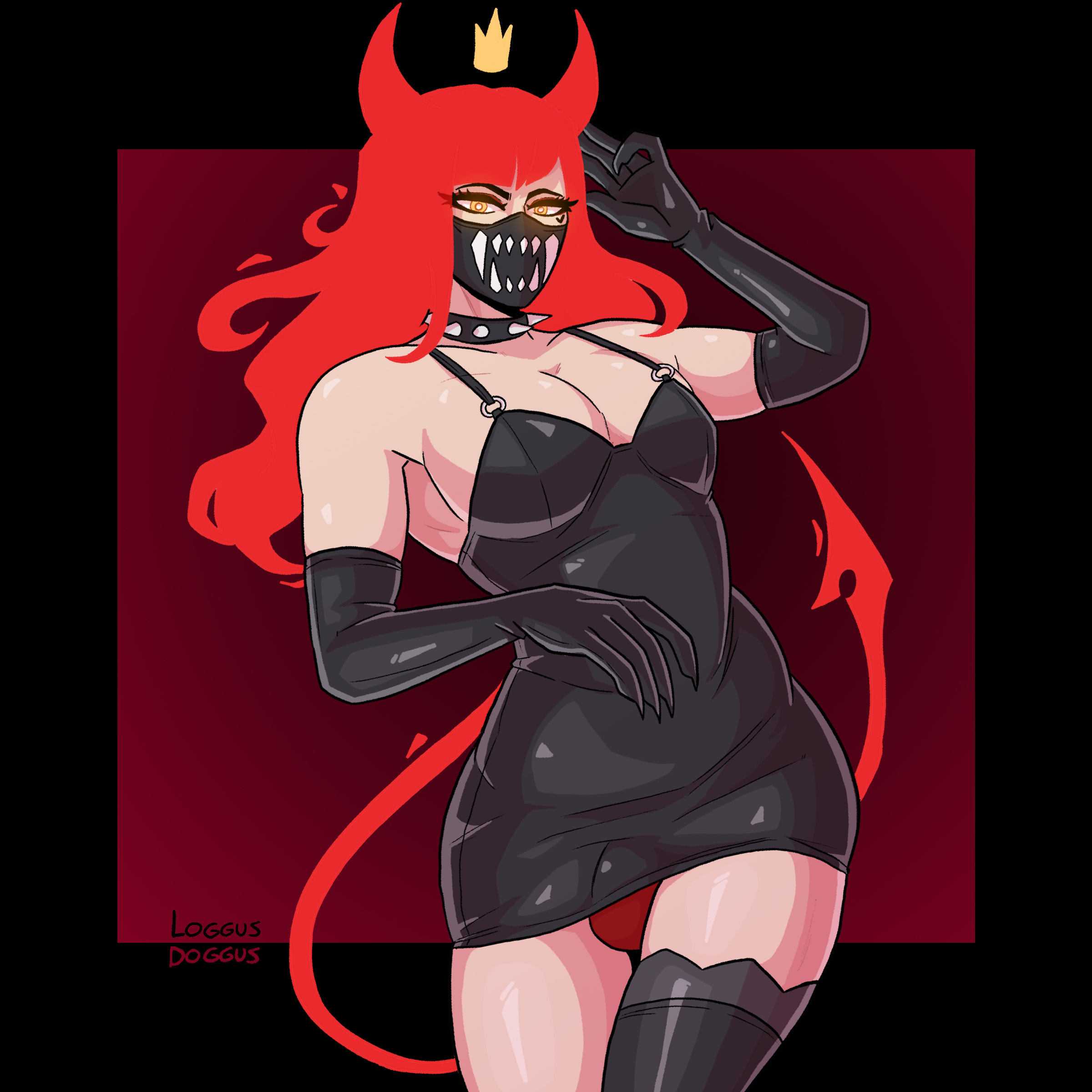 black dress, bulge, bulge through clothing, crossdressing, crossdressing male, demon, demon boy, demon horns, demon tail, dress, elbow gloves, face mask, femboy, femboymaycry, flaming hair, gloves, glowing eyes, latex, latex dress, latex gloves, little black dress, loggus doggus, male, male only, mask, opera gloves, original, red hair, shiny clothes, tail, wide hips