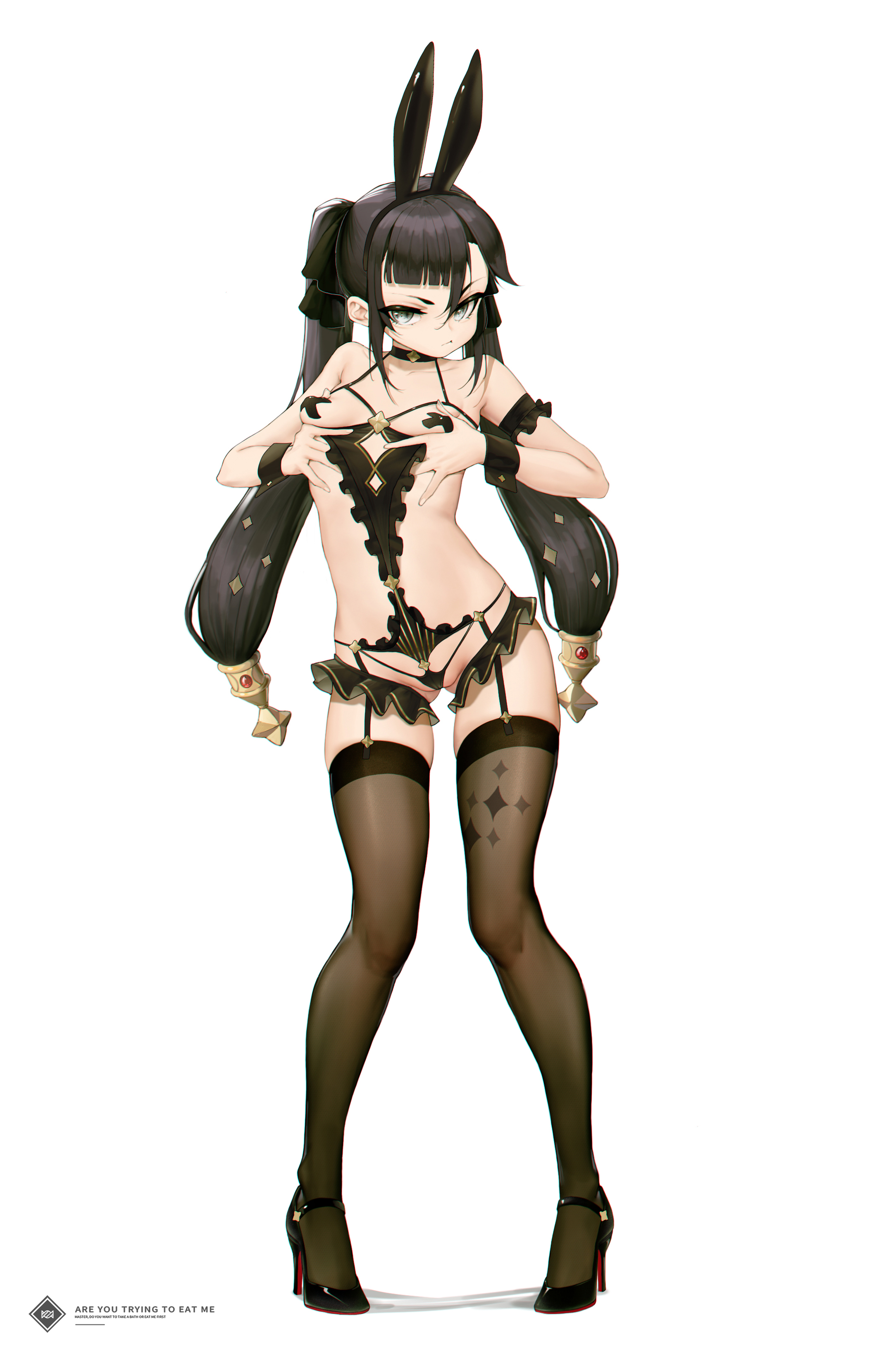 absurdres, alternate eye color, animal ears, bangs, black bra, black footwear, black garter belt, black hair, black hairband, black panties, black thighhighs, bra, breasts, bunny ears, closed mouth, collarbone, commentary request, covered nipples, cross pasties, cupless bra, fake animal ears, female, full body, genshin impact, gluteal fold, grabbing own breast, grey eyes, hair between eyes, hair ornament, hairband, high heels, highres, l ract, legs apart, long hair, looking at viewer, mona (genshin impact), panties, pasties, rabbit ears, simple background, skindentation, small breasts, solo, standing, thighhighs, tsurime, twintails, underwear, underwear only, very long hair, white background, wrist cuffs