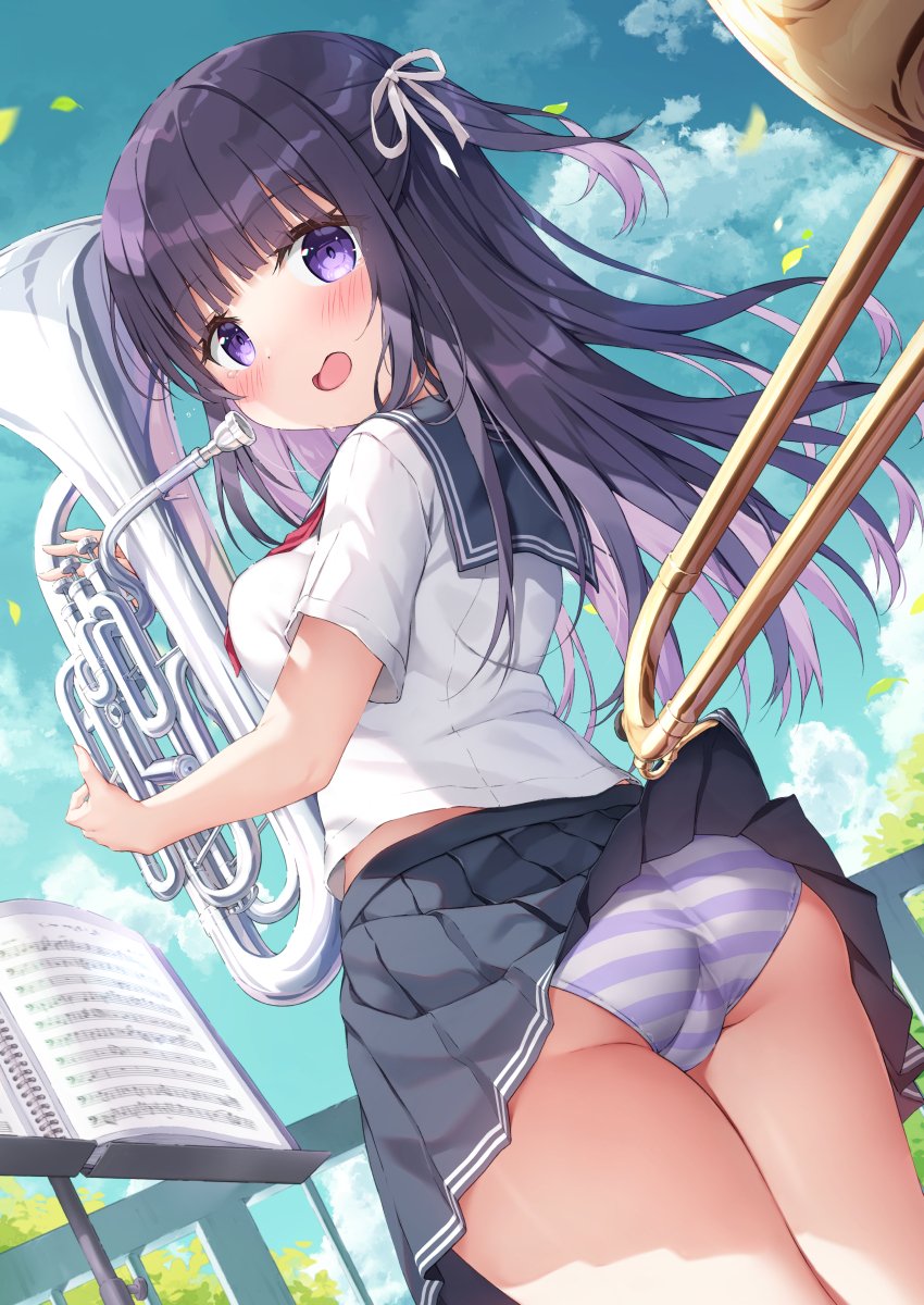 1girls, bangs, black hair, blush, breasts, clouds, day, ezoshika, female, hair ornament, long hair, looking at viewer, looking back, medium breasts, original, panties, pleated skirt, purple eyes, purple hair, sailor collar, school uniform, serafuku, short sleeves, skirt, skirt caught on object, skirt lift, standing, thighs, underwear