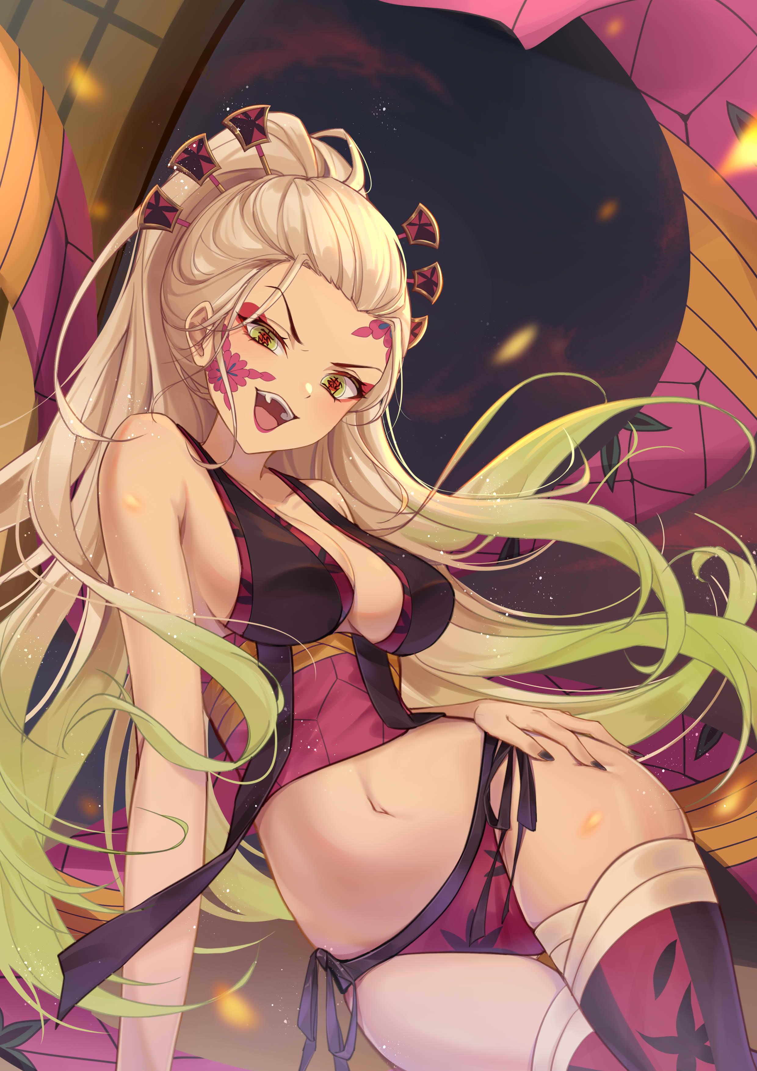 artist request, black nails, breasts, cleavage, daimaru-kun, daki (kimetsu no yaiba), demon, demon girl, demon slayer, eyeshadow, facial markings, fangs, female, female only, gradient hair, hair ornament, kimetsu no yaiba, lingerie, long hair, looking at viewer, medium breasts, nail polish, obi, open mouth, ponytail, side-tie panties, sideboob, smile, solo, thighhighs, thin waist, two-tone hair, white hair, wide hips