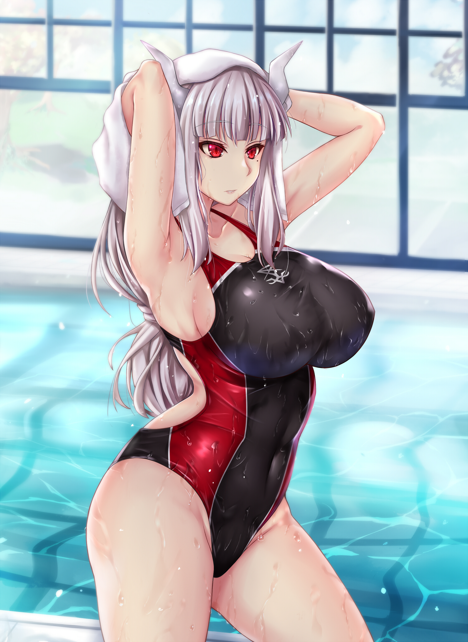 1girls, armpits, ass, big ass, big breasts, blue hair, breasts, demon, demon girl, female, helltaker, hi res, highres, horns, long hair, lucifer (helltaker), one-piece swimsuit, red eyes, swimsuit, wet, wet body, zatma0041