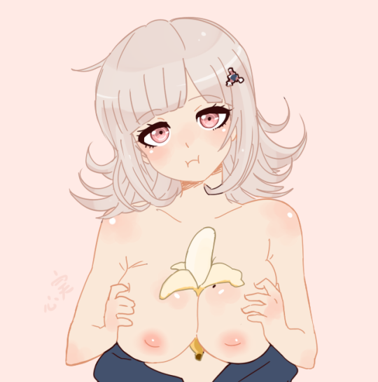 banana blush breasts danganronpa danganronpa_2:_goodbye_despair exposed_breasts inverted_nipples kokomidraws large_breasts mole mole_on_breast nanami_chiaki paizuri smooth_skin solo super_danganronpa_2 topless topless_female