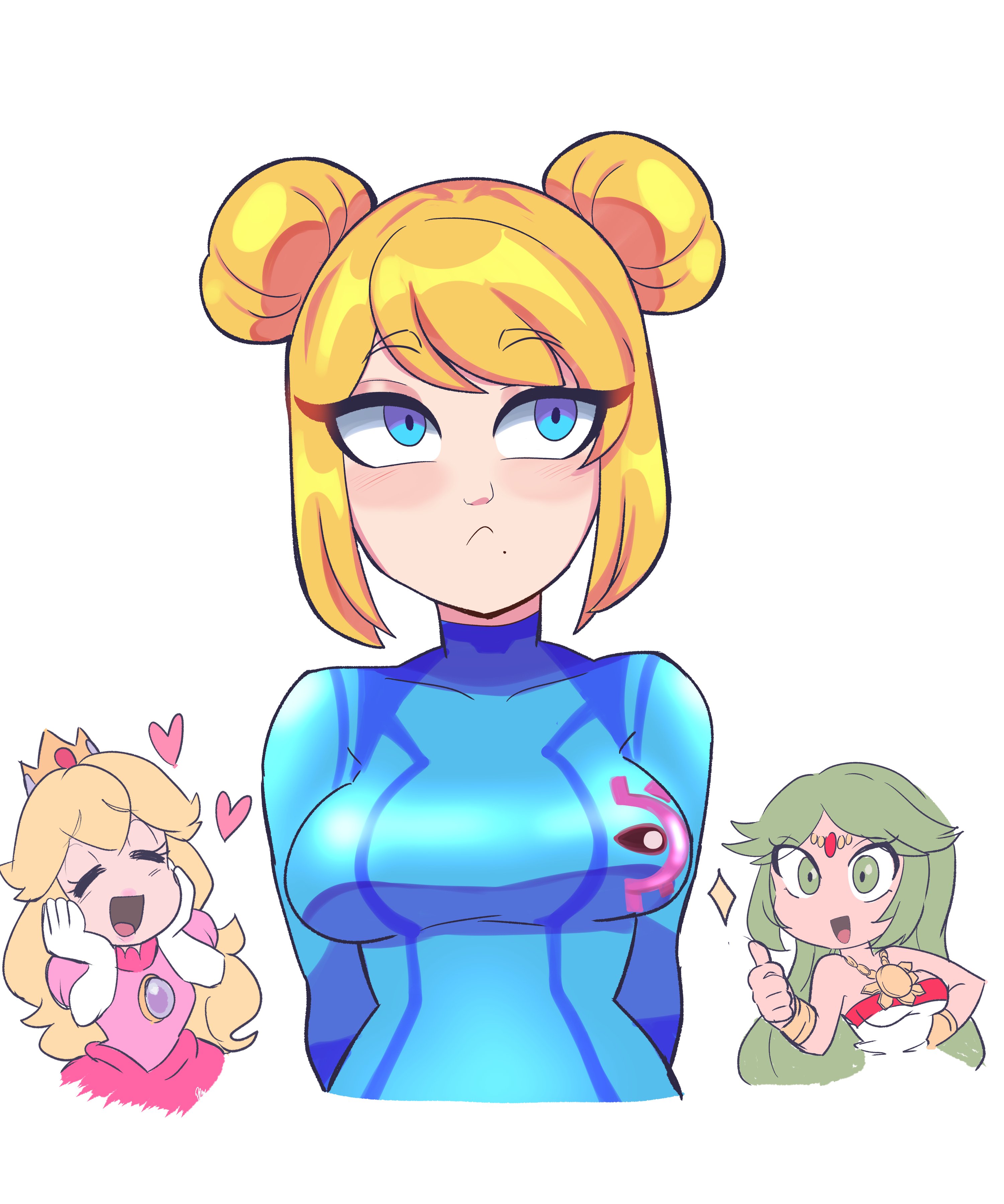 3girls, alternate hairstyle, big breasts, breasts, clothed, clothing, digicheeze, double bun, female, fully clothed, hair buns, heart, kid icarus, kid icarus uprising, mario (series), metroid, nintendo, palutena, princess peach, samus aran, solo focus, super smash bros., tagme, thumbs up, zero suit, zero suit samus