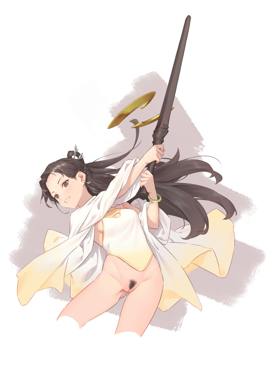 ass_visible_through_thighs bigrbear black_hair bottomless bracelet brown_eyes cropped_legs earrings female female_pubic_hair highres jewelry long_hair looking_at_viewer medium_breasts original pubic_hair pussy smile solo sword uncensored weapon wooden_sword