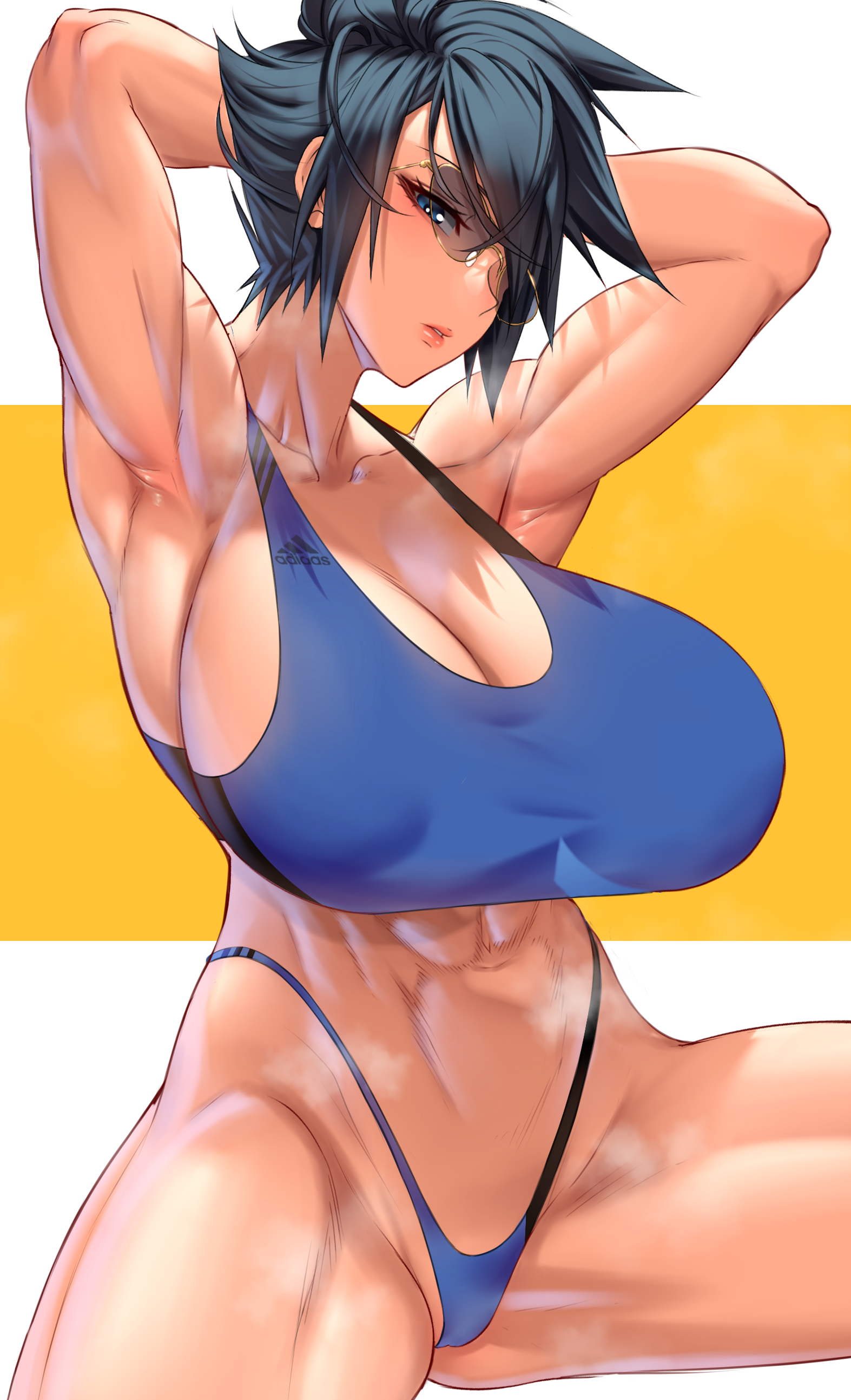 1girls, anima (togashi), arms behind head, big breasts, breasts, busty, cleavage, curvaceous, curvy, curvy body, curvy female, curvy figure, eisen lorien, enormous breasts, female, female focus, female only, glasses, hands behind head, huge breasts, large breasts, muscular, muscular female, original, original character, solo, solo female, tank top, voluptuous