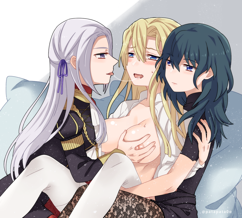 2girls after_kiss breast_grab breasts_out byleth_(fire_emblem) byleth_(fire_emblem)_(female) dimitri_alexandre_blaiddyd edelgard_von_hresvelg fff_threesome fire_emblem fire_emblem:_three_houses garreg_mach_monastery_uniform genderswap_(mtf) kissing kissing multiple_girls nipples open_shirt panties patapata0o rule_63 saliva saliva_string saliva_trail threesome upskirt yuri zozakura