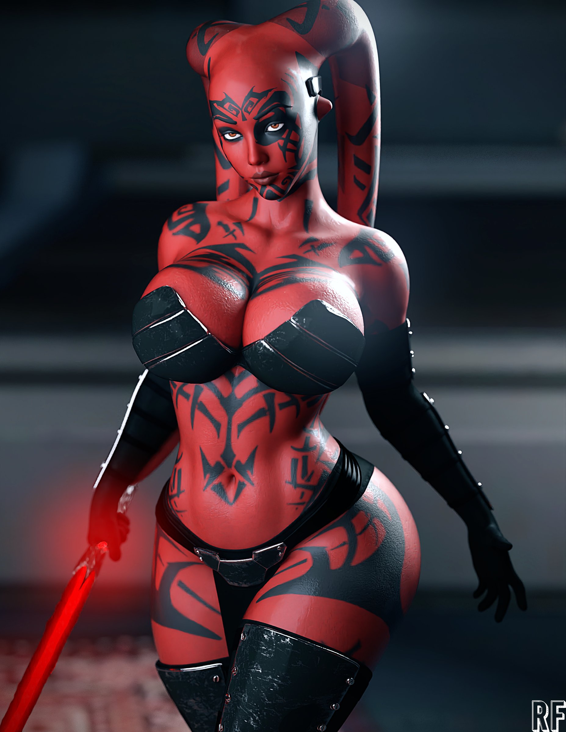 3d, alien, alien girl, big breasts, bikini, breasts, curvaceous, curvy, darth talon, female, gloves, huge breasts, large breasts, lightsaber, looking at viewer, red lightsaber, red skin, rude frog, sith, star wars, tattoo, tattoo on arm, tattoo on legs, tattooed arm, tattoos, thick thighs, twi'lek, wide hips, window