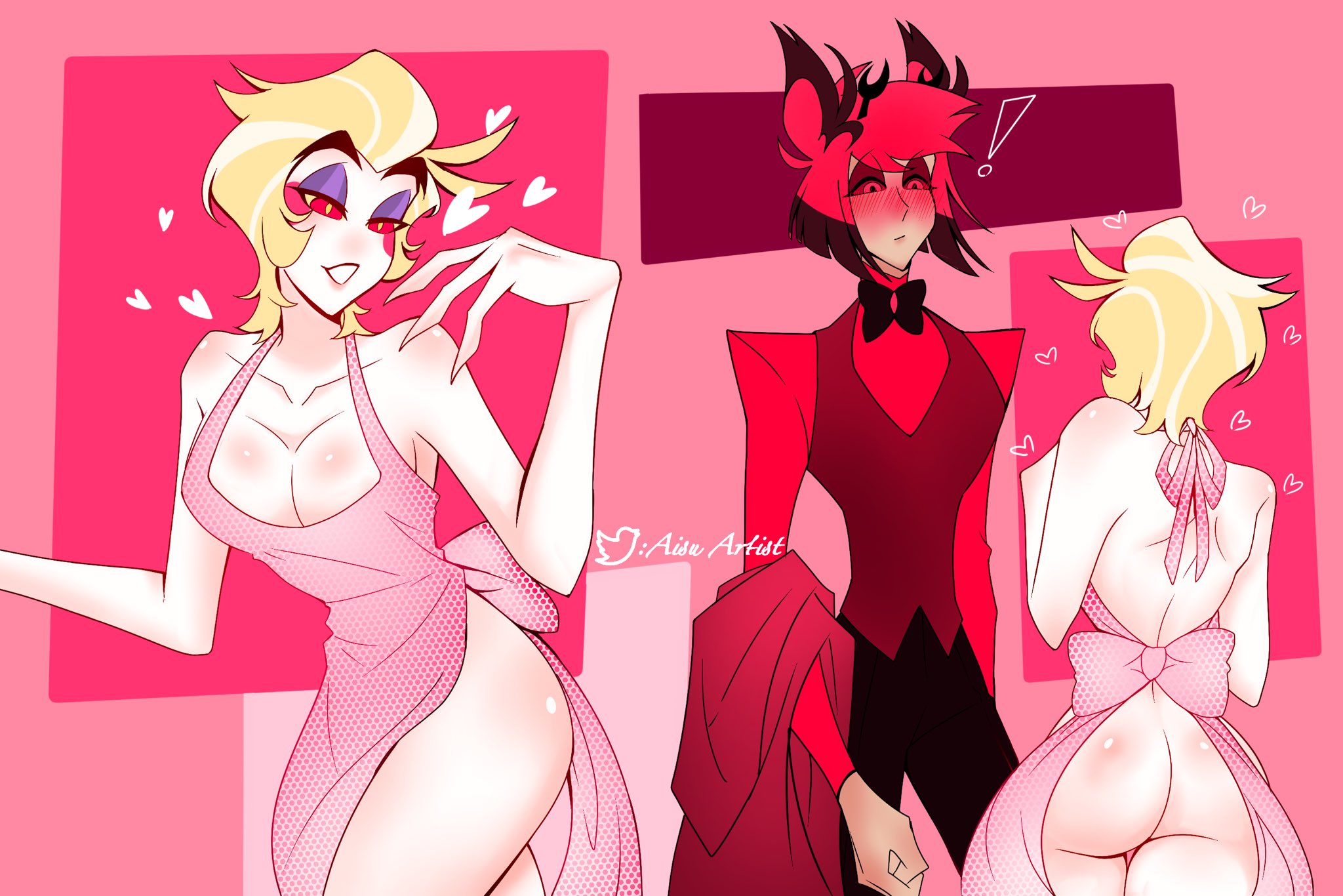 2021, aisuartist, alastor (hazbin hotel), apron, ass, blush, clothed, femboy, femboy dilf, gay, hazbin hotel, lucifer morningstar (hazbin hotel), male, male only, male/male, mostly nude, naked apron, radioapple, smooth skin, thighs, white skin, wide hips, yaoi