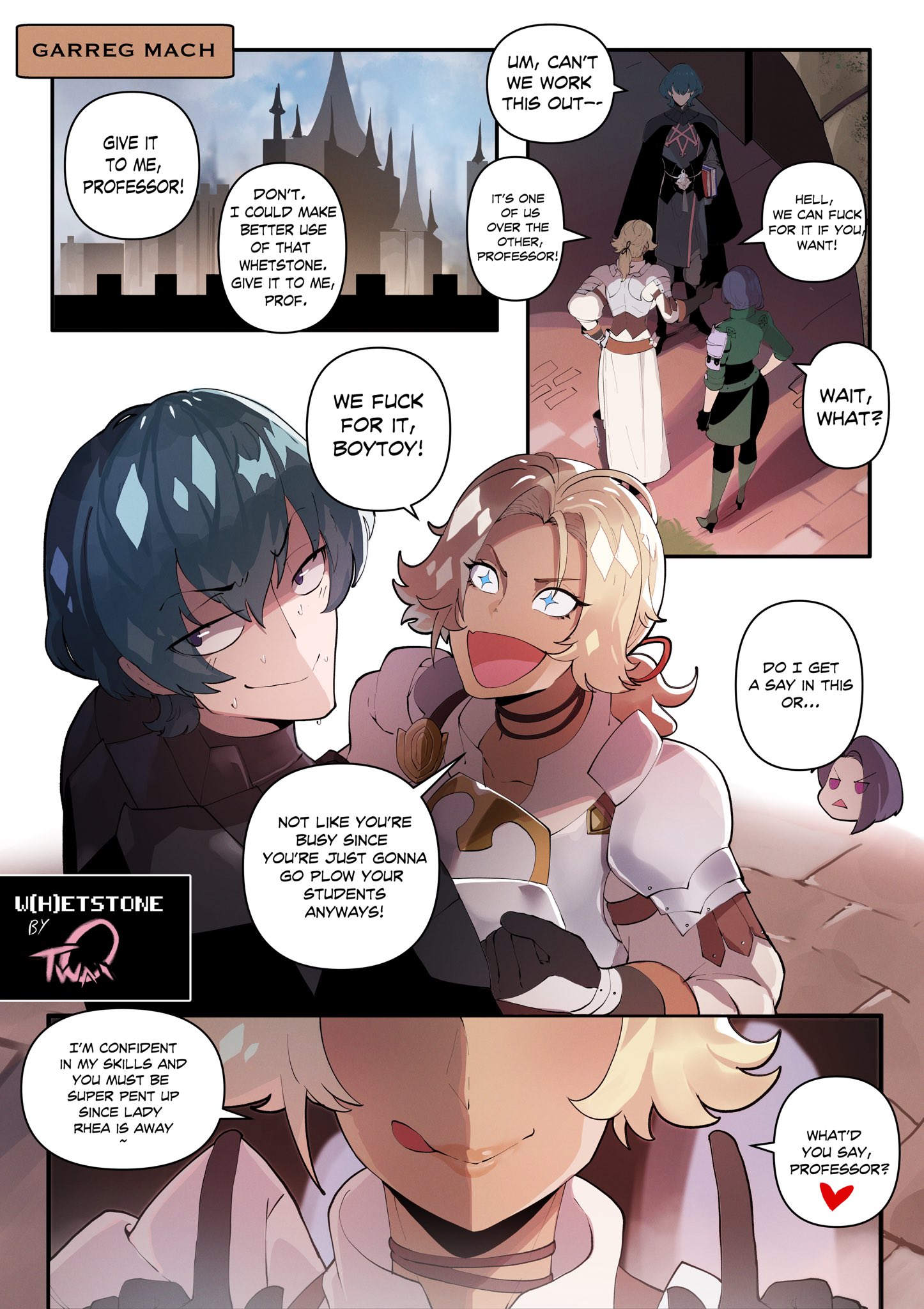 + +, 1boy, 2girls, armor, asymmetrical hair, blonde hair, blue eyes, blue hair, byleth (fire emblem), byleth (fire emblem) (male), catherine (fire emblem), church, comic, commentary, english commentary, english text, female, fire emblem, fire emblem: three houses, green jacket, highres, jacket, licking lips, male, multiple females, multiple girls, nintendo, older female, purple hair, shamir nevrand, shoulder armor, smile, speech bubble, thiccwithaq, tongue, tongue out